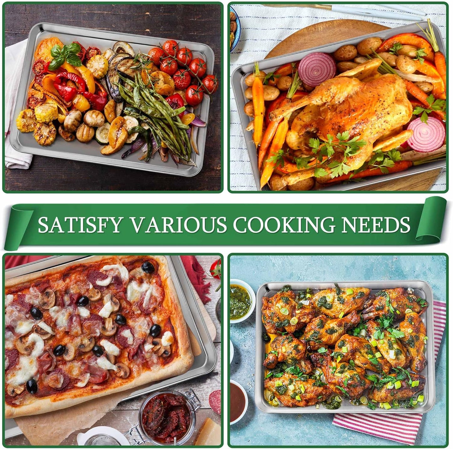 P&P CHEF 16 Inch Baking Sheet and Rack Set, Stainless Steel Cookie Sheets Oven Baking Pans Trays with Cooling Racks for Cooking & Roasting, Oven & Dishwasher Safe, (4Pcs)