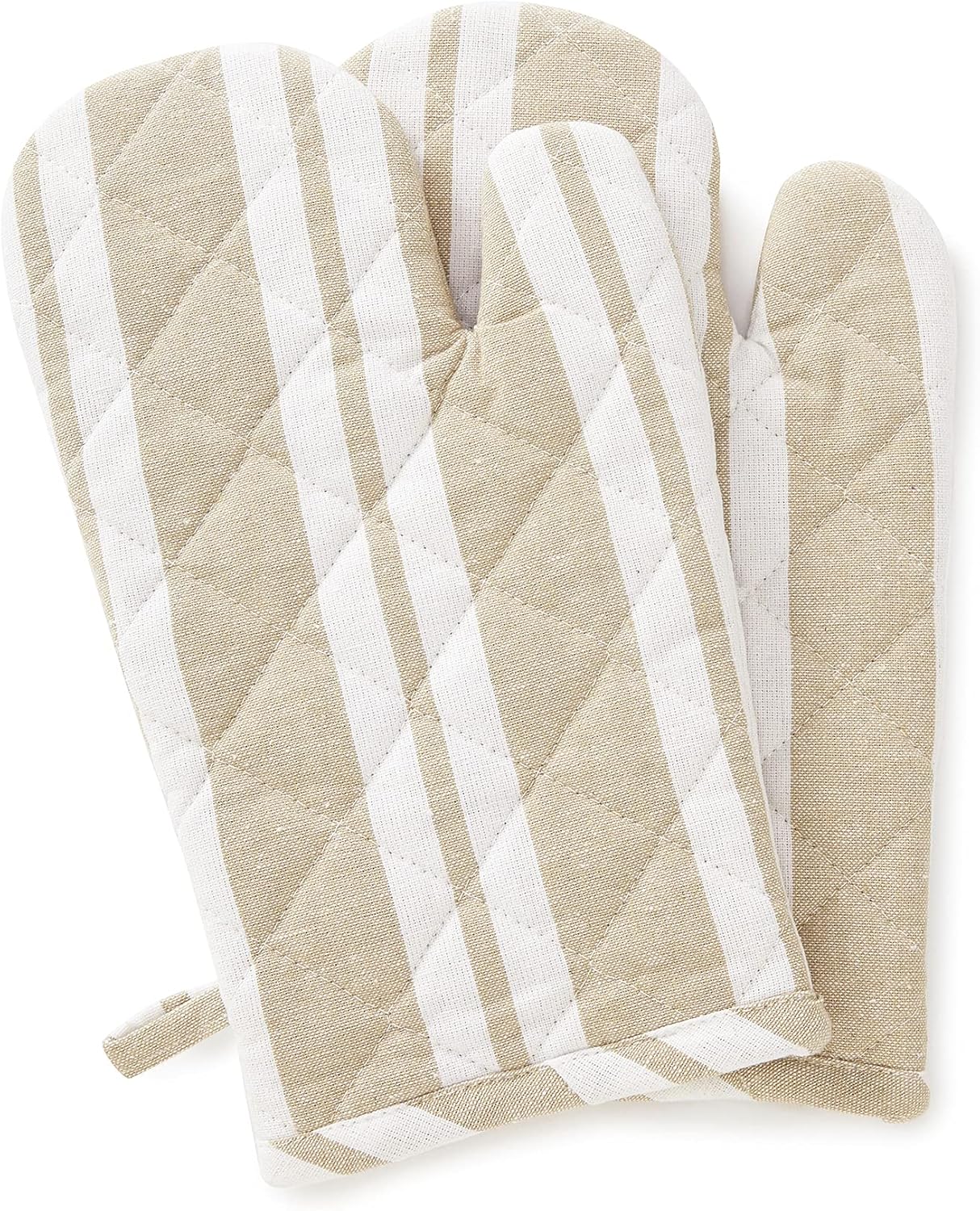 Encasa Homes Long 14 inch Oven Microwave Hand Gloves Mitts (2 pc Set) for Kitchen Cooking & Baking - Heat Resistant, Thick & Safe, Protection of Hands from Hot Utensils - Franca Beige Stripes
