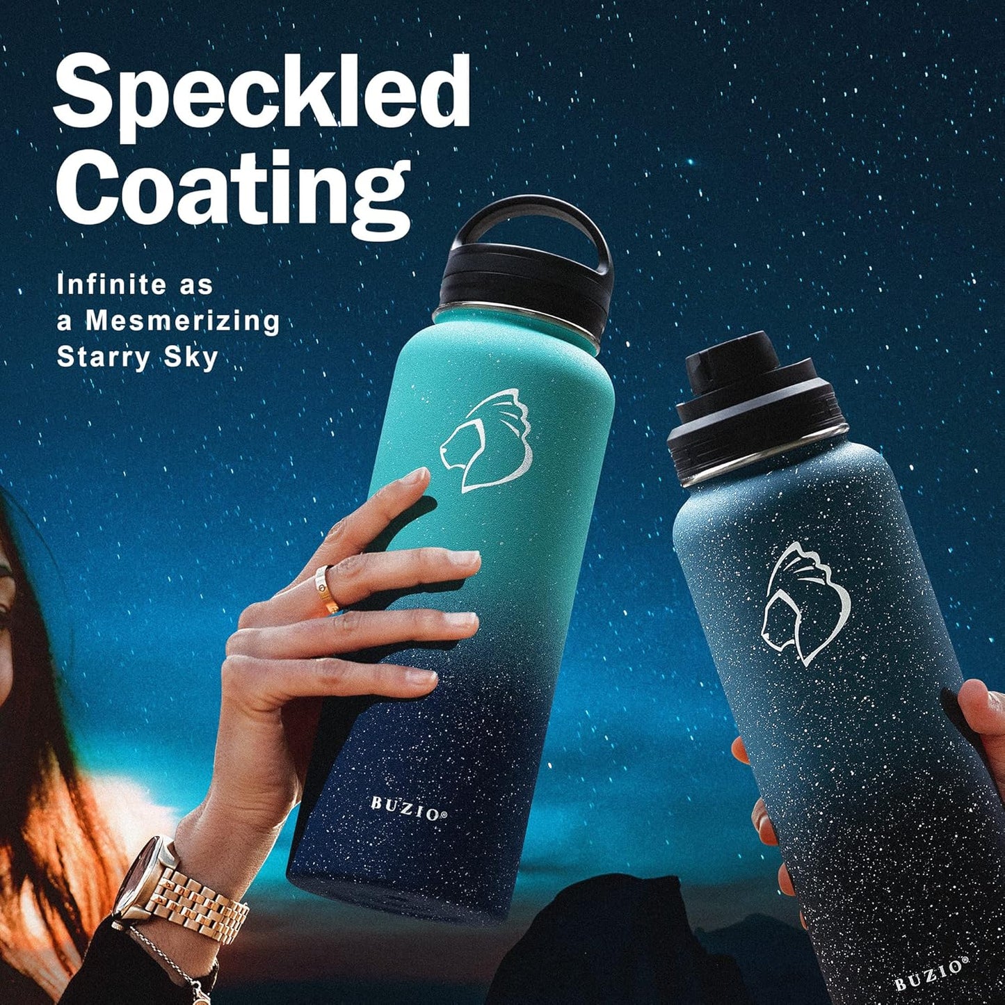 BUZIO 40 oz Water Bottle Insulated with Straw & 3 lid and Carrying Pouch, Leak Proof Anti-Slip Stainless Steel Water Flask Jug, Cold for 48 Hrs Double Vacuum Thermo Canteen, BPA-Free, Starry Pacific