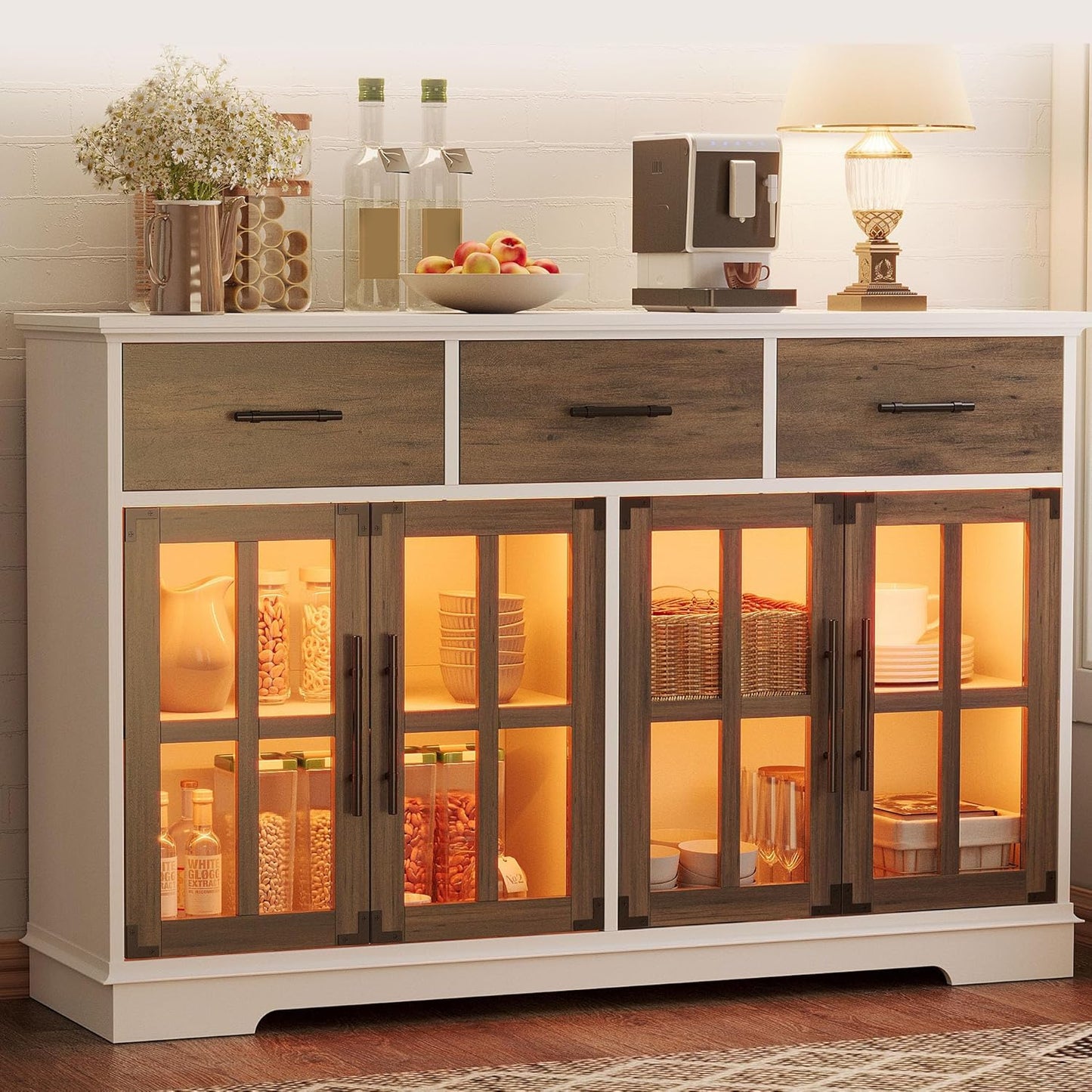 IRONCK Buffet Cabinet with Storage, 55" Large Sideboard Buffet Storage with LED Lights, Farmhouse Coffee Bar Wood Liquor Cabinet for Kitchen, Dining Room, White and Oak