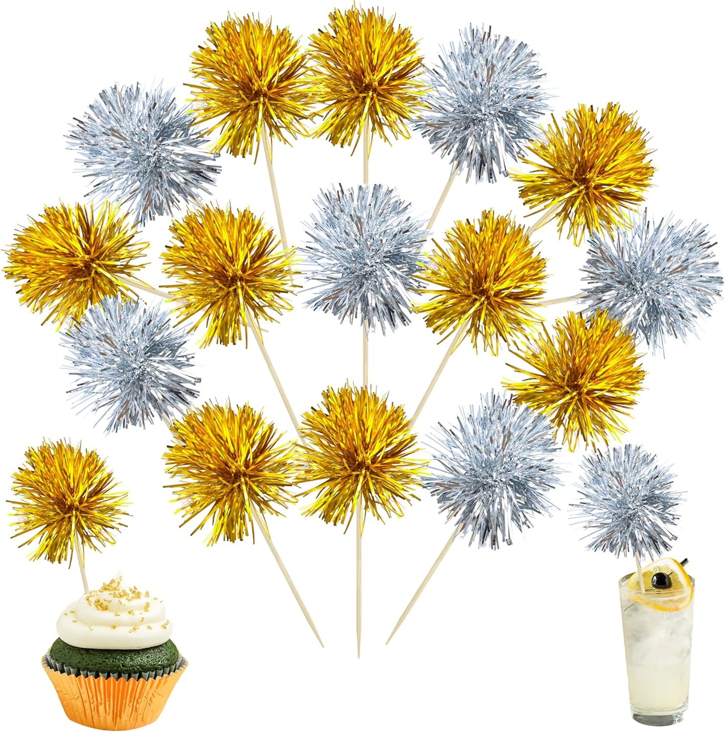 Ephlyn 30Pcs Foil Firework Cupcake Toppers Party Birthday Cake Toppers Supplies Sparkle Tinsel Cocktail Fruit Toothpick for Birthday Wedding Graduation Party Supplies Gold Silver