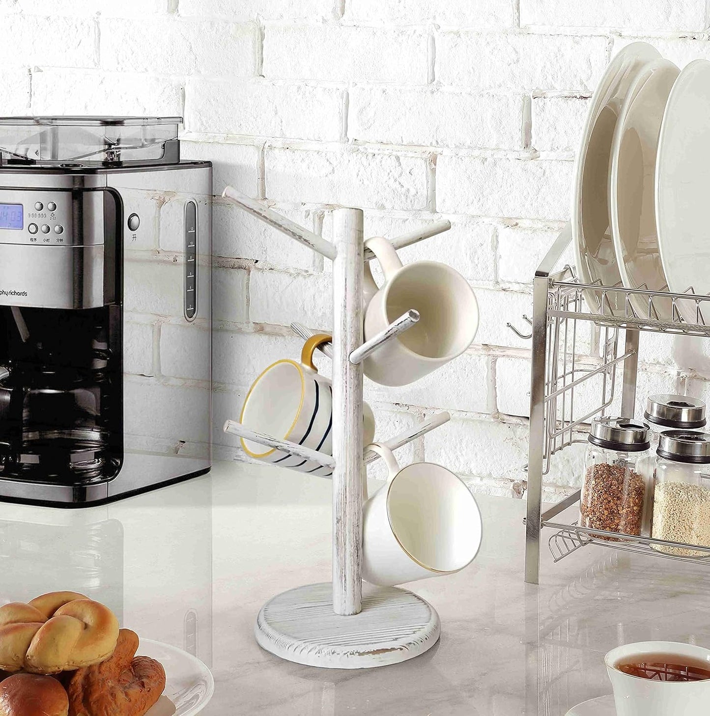 Dorhors Mug Holder Tree,Coffee Cup Holder with 6 Hooks, Wood Mug Rack for Counter,Coffee Bar Accessories and Orgnizer Station