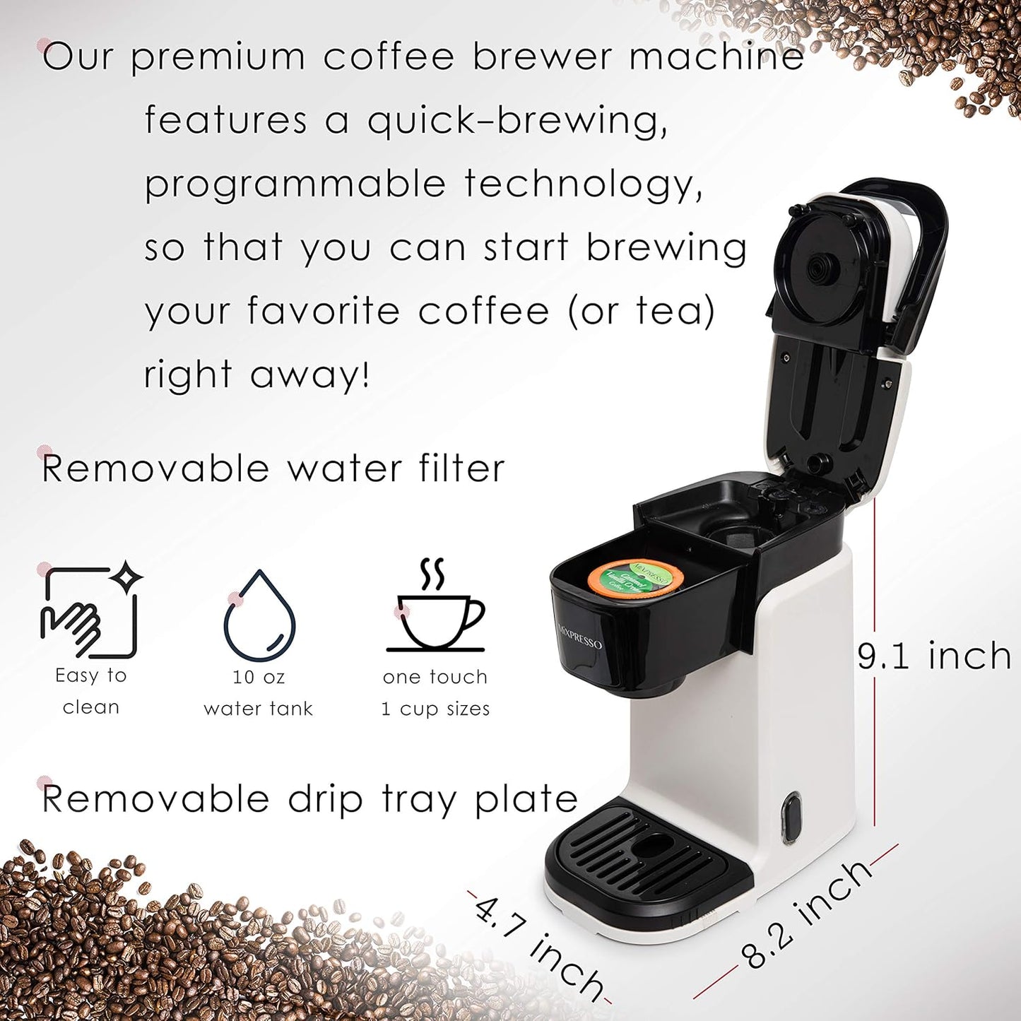 Mixpresso Single Cup Coffee Brewer - Quick Brew, One Touch Function, 12oz One Cup Coffee Maker