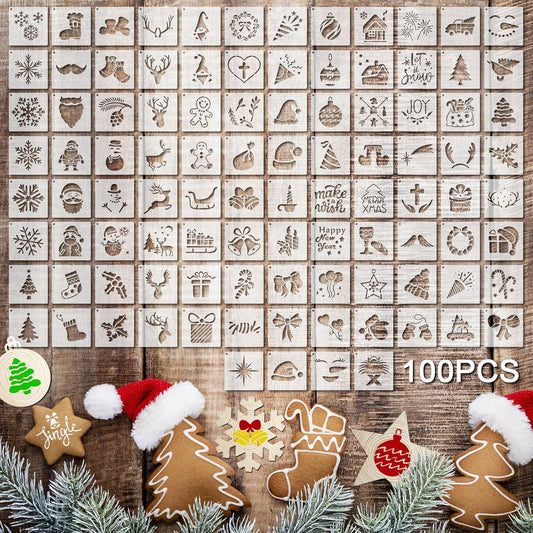 100 Pcs Stencils for Painting on Wood Reusable Stencil Crafts Drawing Templates Holiday Wall Paper for DIY Scrapbook Home 2 x 2 Inch(Santa Style)