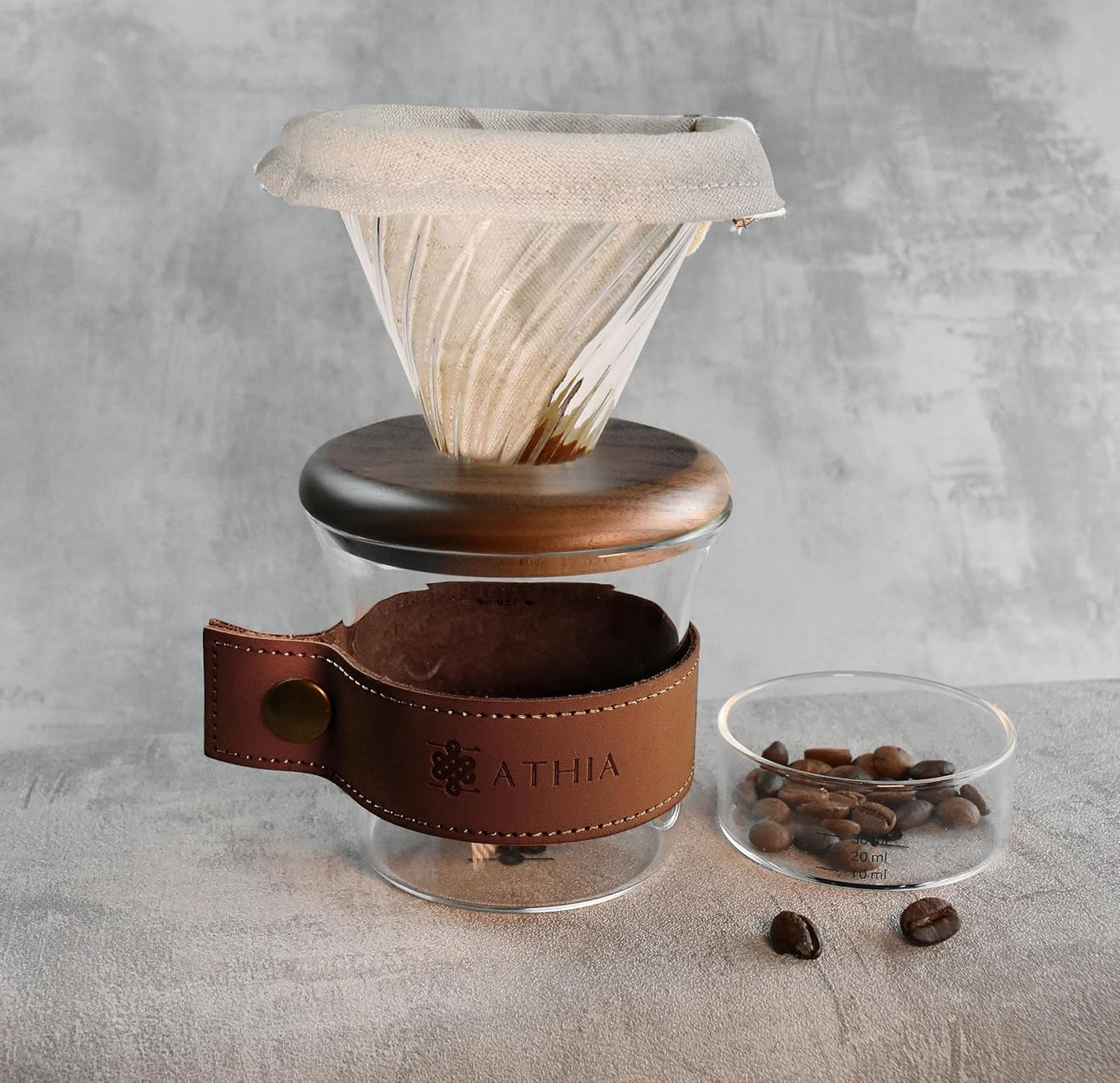 ATHIA glass pour over coffee maker set, minimalist drip coffee maker with reusable cloth filter, glass coffee dripper, walnut lid & leather sleeve for single cup manual brewing (Walnut Wood)
