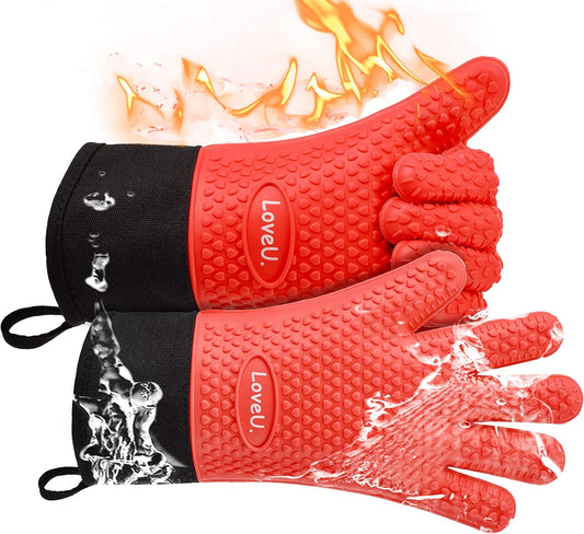 Kitchen Oven Gloves - Silicone Double-Layer Heat Resistant Oven Mitts/BBQ Gloves/Grill Gloves - Perfect for Baking and Grilling - 1 Pair (Small, Red Long)