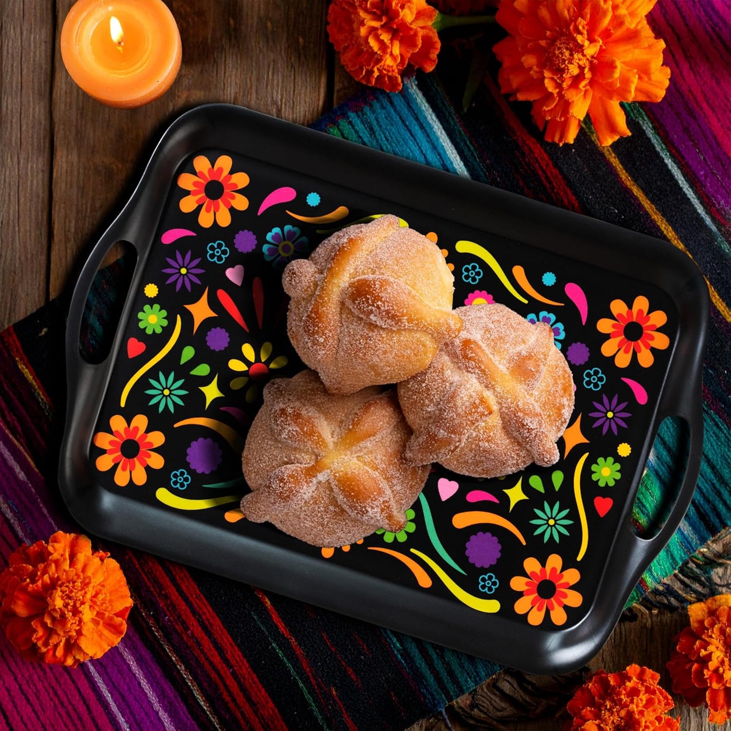 Oasis Choice 2-Pack Day of the Dead Bamboo Fiber Serving Trays - 18x13 Inch Extra Large w/Handles for BBQ, Picnic, Party - Durable Lightweight Serving Platters - Sugar Skull and Marigold Decor (Black)