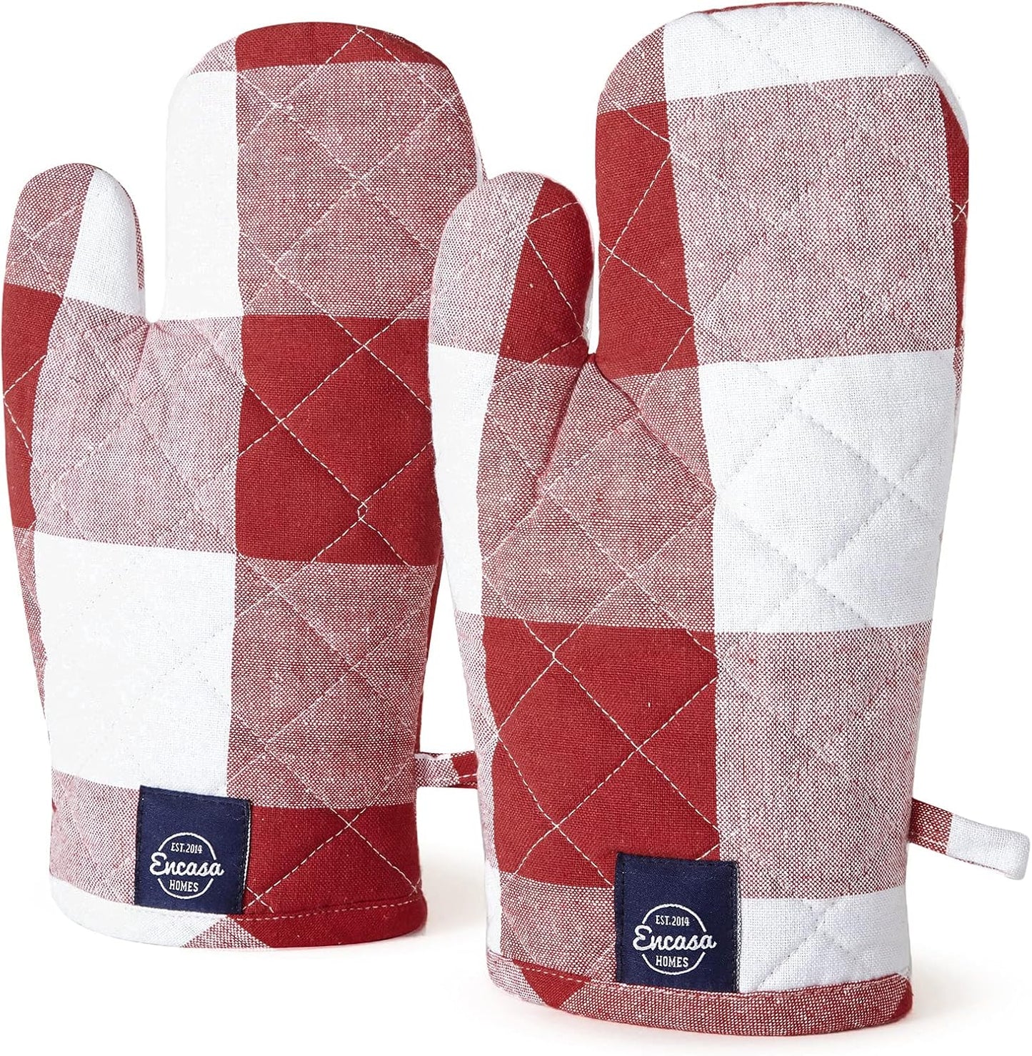 Encasa XO Long 12"x7" Oven Microwave Hand Gloves Mitts (2 pc Set) for Kitchen Cooking & Baking - Heat Resistant, Thick & Safe, Protection of Hands from Hot Utensils - Buffalo Red Checks