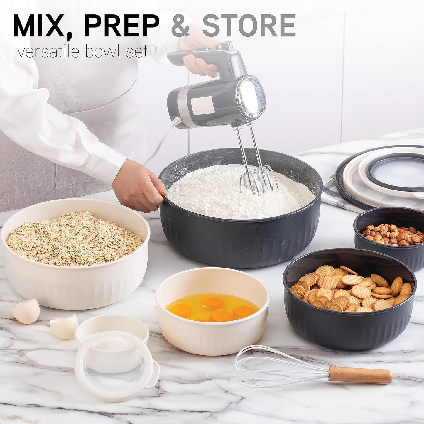 COOK WITH COLOR Prep Bowls with Lids- Wide and Deep Nesting Plastic Small Mixing Bowl Set with Lids, 12 Piece Set - Wide Bowls, Speckled Black