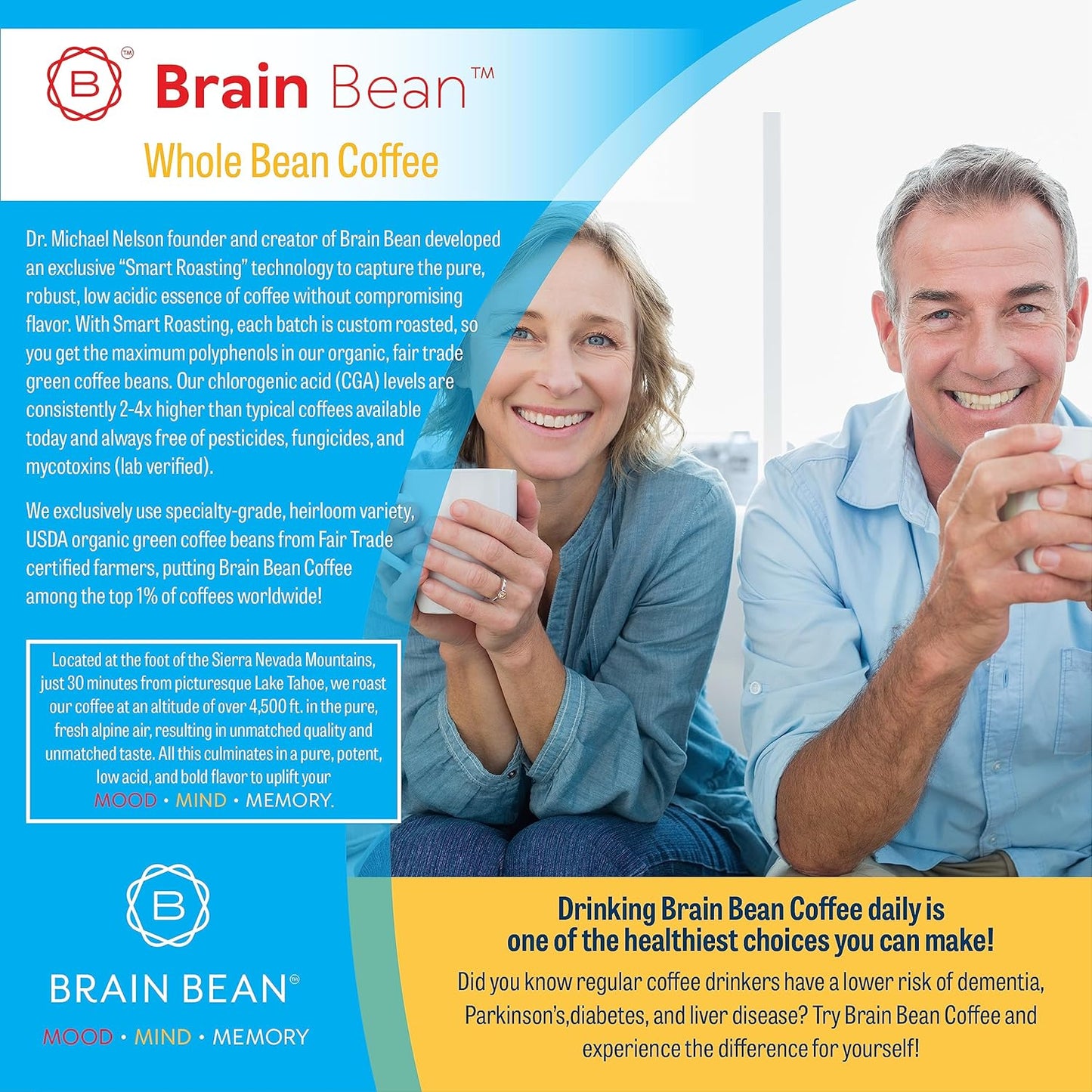 Brain Bean Organic Coffee – Smooth Taste & Rich Medium Roast – High Antioxidant & USDA certified organic for Cognitive Support, Mood Enhancement & Toxin Removal - Whole Bean Coffee – 16 oz (1-Pack)