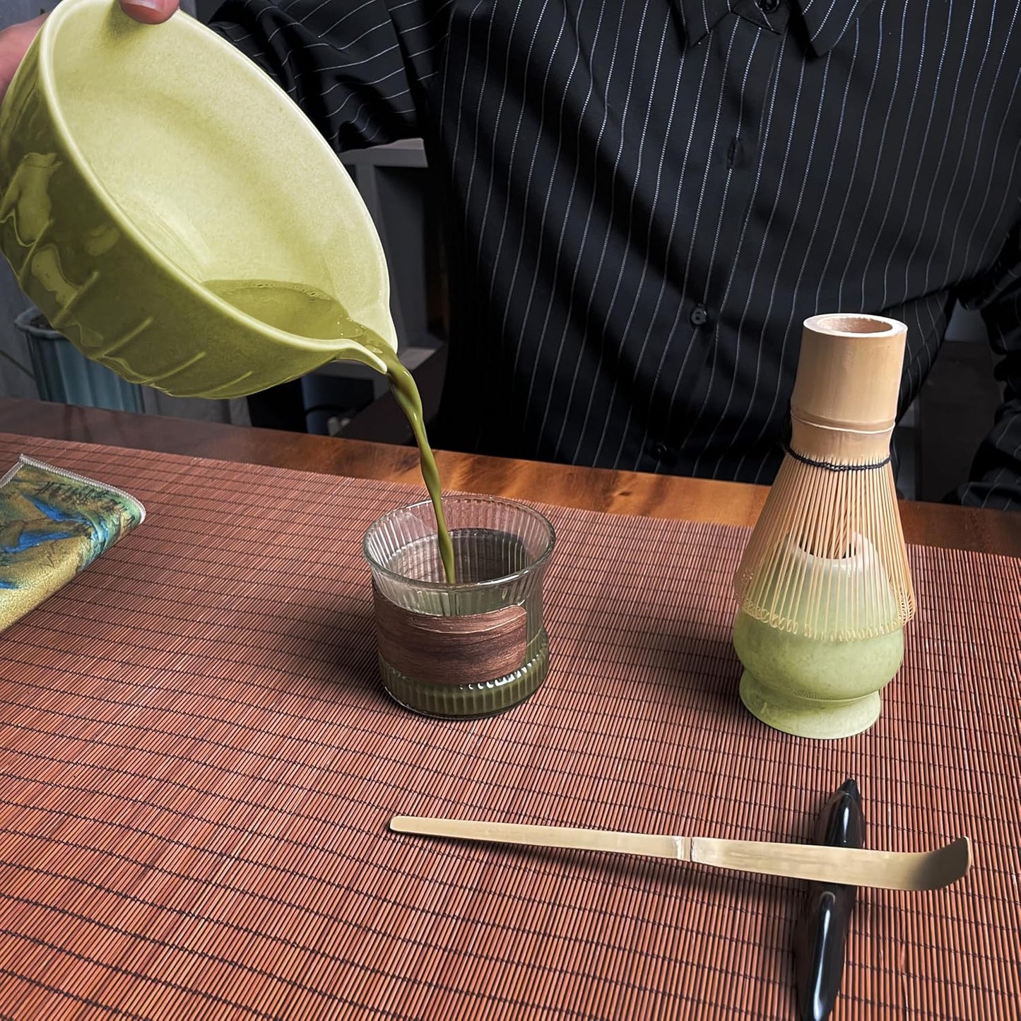 Matcha Whisk Set (7pcs) - Matcha Set with Whisk,Pouring Spout Bowl(15oz),Chasen Holder,Powder Sifter,Bamboo Scoop with Stand,Tea Cloth,Perfect Tools Kit for Tea Ceremony(Celadon Green)
