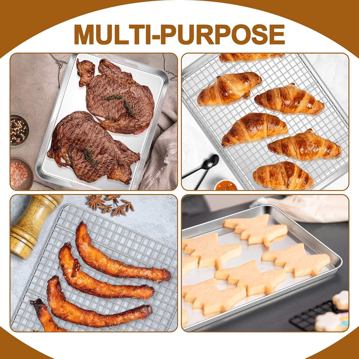 E-far Stainless Steel Baking Sheet with Wire Rack Set, 16” x 12” Cookie Sheet Baking Pan for Oven, Rimmed Large Metal Tray with Cooling Rack for Cooking Roasting, Non-Toxic & Dishwasher Safe