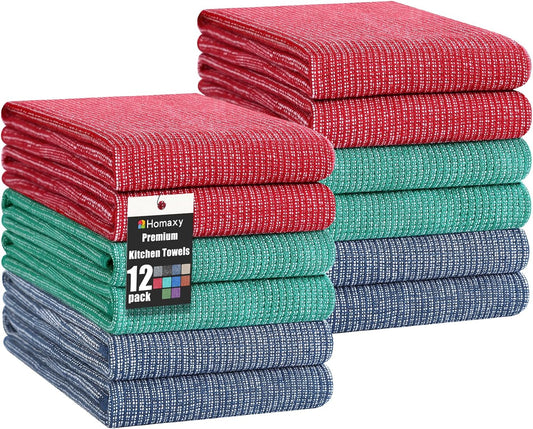 Homaxy Premium Kitchen Towels(18”x 28”, 12 Pack), Large Cotton Kitchen Hand Towels, Flat and Terry Dish Towels, 380 GSM Highly Absorbent Tea Towel Set with Hanging Loop, Navy Blue/Red/Green