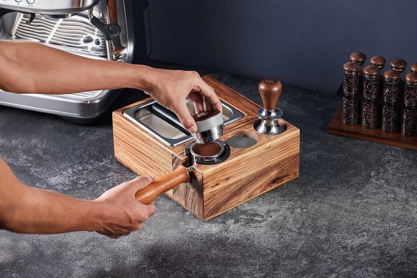 Espresso Knock Box and Tamping Station with Removable Organizer for 51mm, 54mm Ideal for Espresso Enthusiasts and Family Baristas