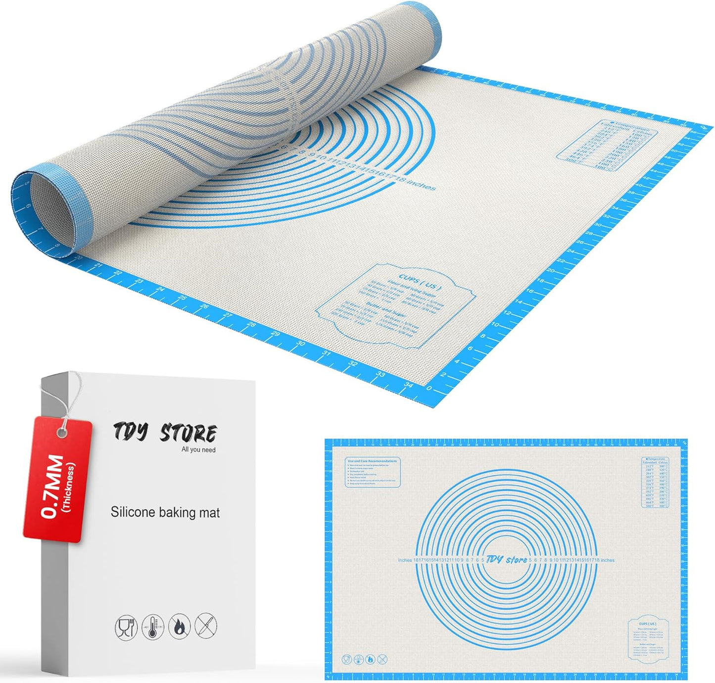 28 * 20 inches Blue, Non-Slip Silicone Baking Sheets - Baking Mat with 0.7mm Thickness - Non-Stick Pastry & Cookie Mat for Kitchen Counter for Rolling Out Dough with Measurements.