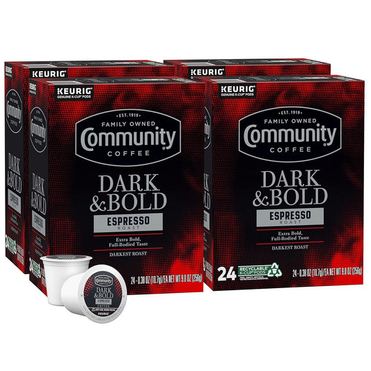 Community Coffee Dark & Bold Espresso Roast 96 Count Coffee Pods, Compatible with Keurig 2.0 K-Cup Brewers, 24 count (Pack of 4)