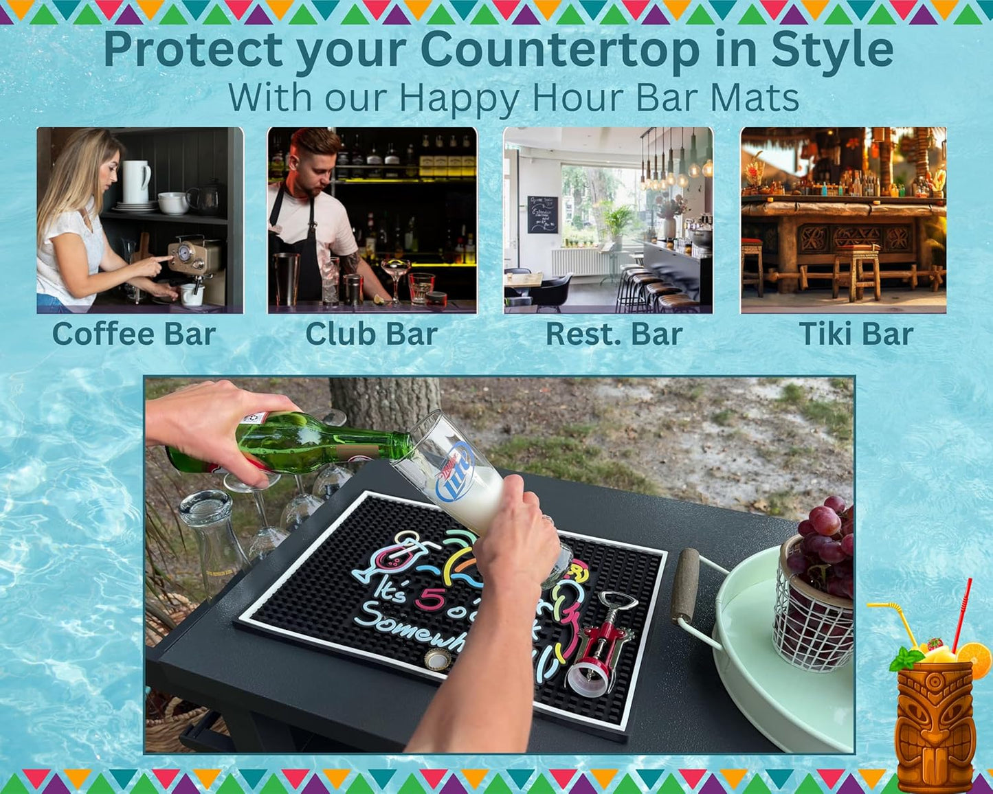 It's 5 O'Clock Somewhere Sign Rubber Bar Mats for Bartending 18x12 in, Bar Mats for Countertop Tiki Decor, Tiki and Outdoor Accessories, Aloha & Luau Party Decorations and Hawaiian Party Decorations