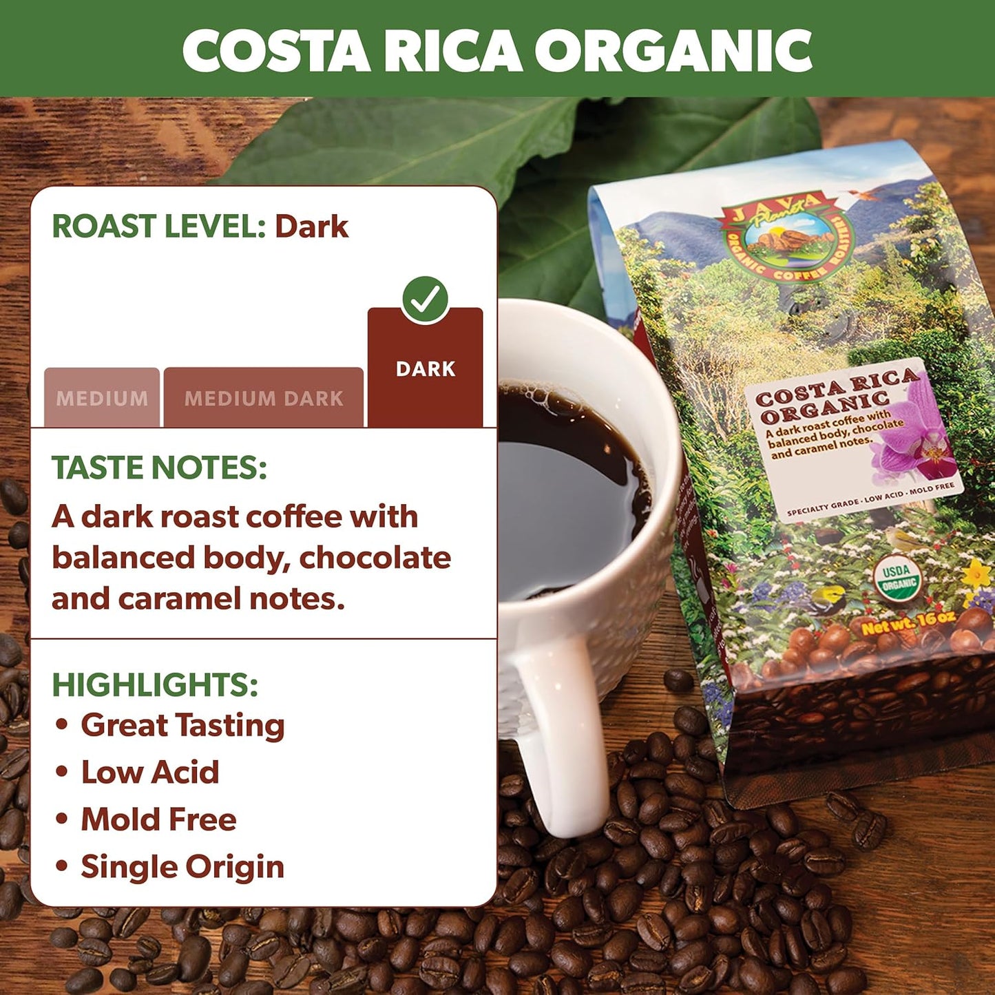 Low Acid Organic Coffee – Whole Bean, Mold-Free & Stomach Friendly by Java Planet, Costa Rican Single Origin Coffee, Dark Roast, Smooth Full Flavored, 5LB Bag