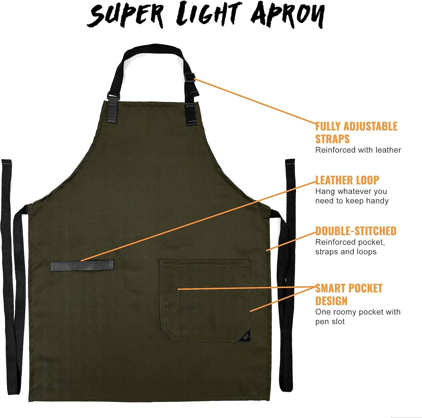 Under NY Sky Super Light Apron - Pocket, Towel Loop, Leather Reinforcement - Kitchen Bib Apron - Cook, Chef, Server, Barista