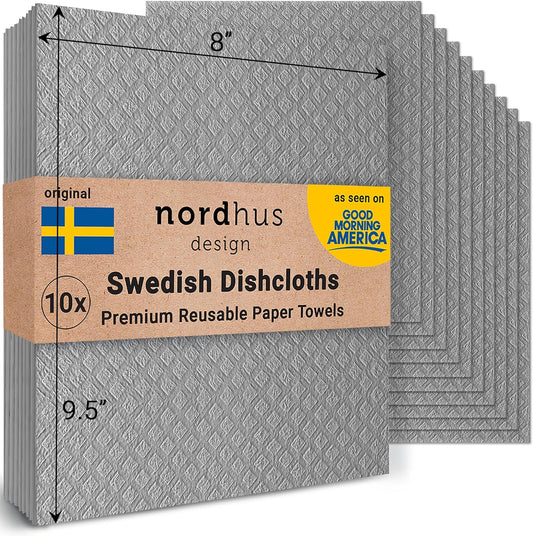 Nordhus Design Large Swedish Dishcloths, 10 Pack Grey- 9.5 X 8 inch Reusable, Washable Cellulose Cotton Kitchen Cloths - Replace Paper Towels, Wipes, Sponges, Dish Rags