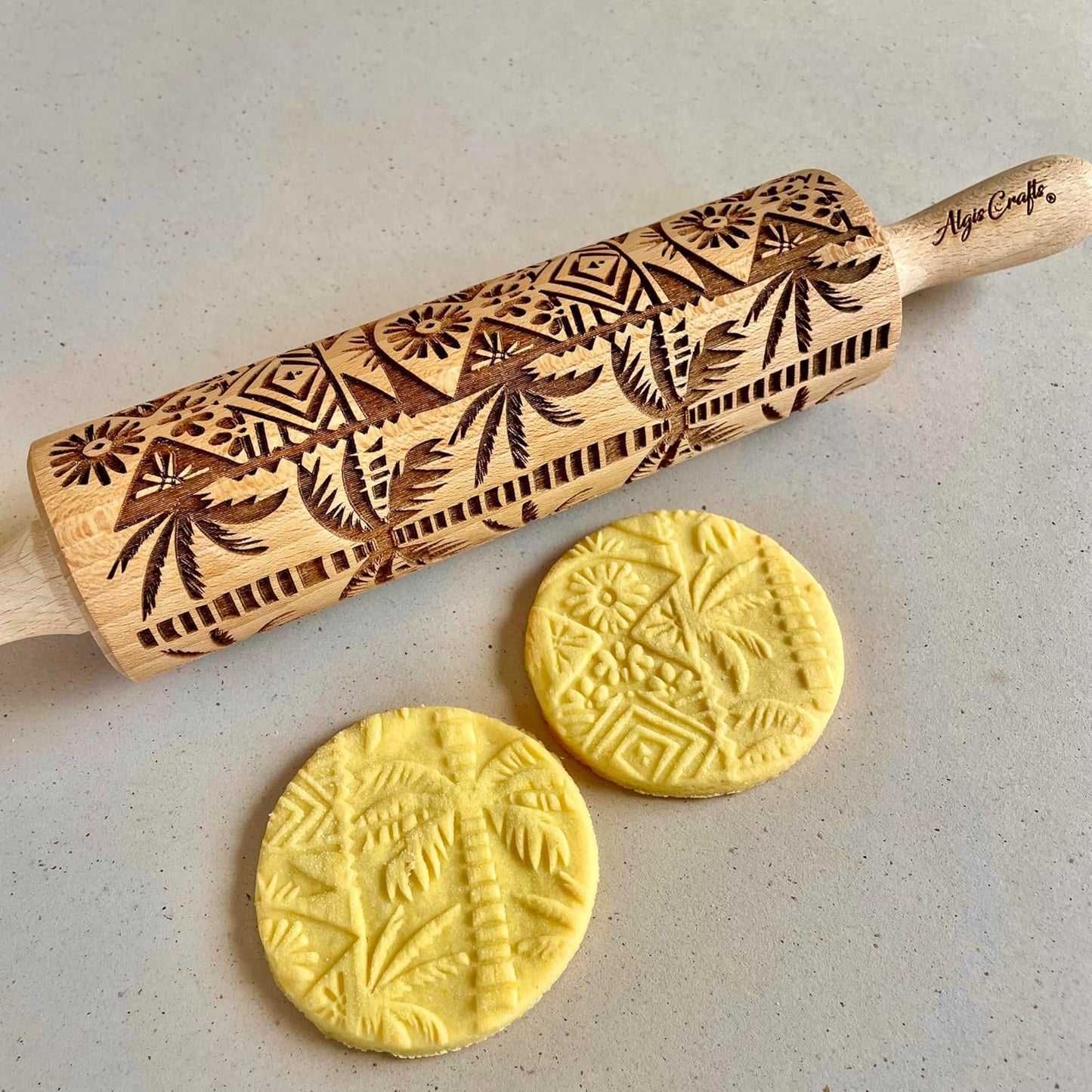 PALM TREE Embossing Rolling Pin with Tropical Pattern. Dough and Clay Roller for Embossed Cookies and Pottery. Cookie and Ceramic Stamp. Backing Gifts for Women by Algis Crafts