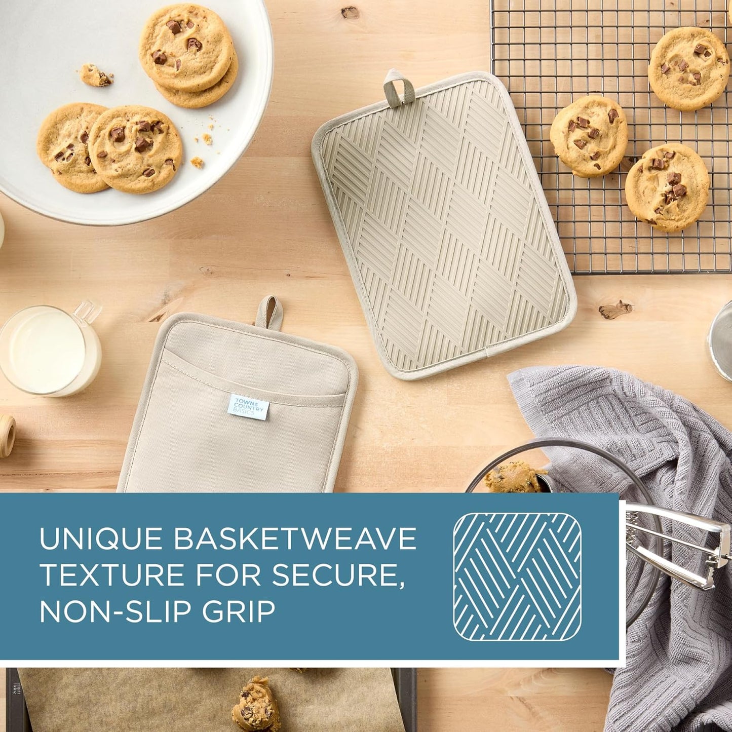 TOWN & COUNTRY BASICS Basketweave Soft Silicone Pot Holder 2-Pack Set, Heat Resistant up to 500F, Flexible Silicone, Non-Slip Grip, Beige, 7.5"x10"