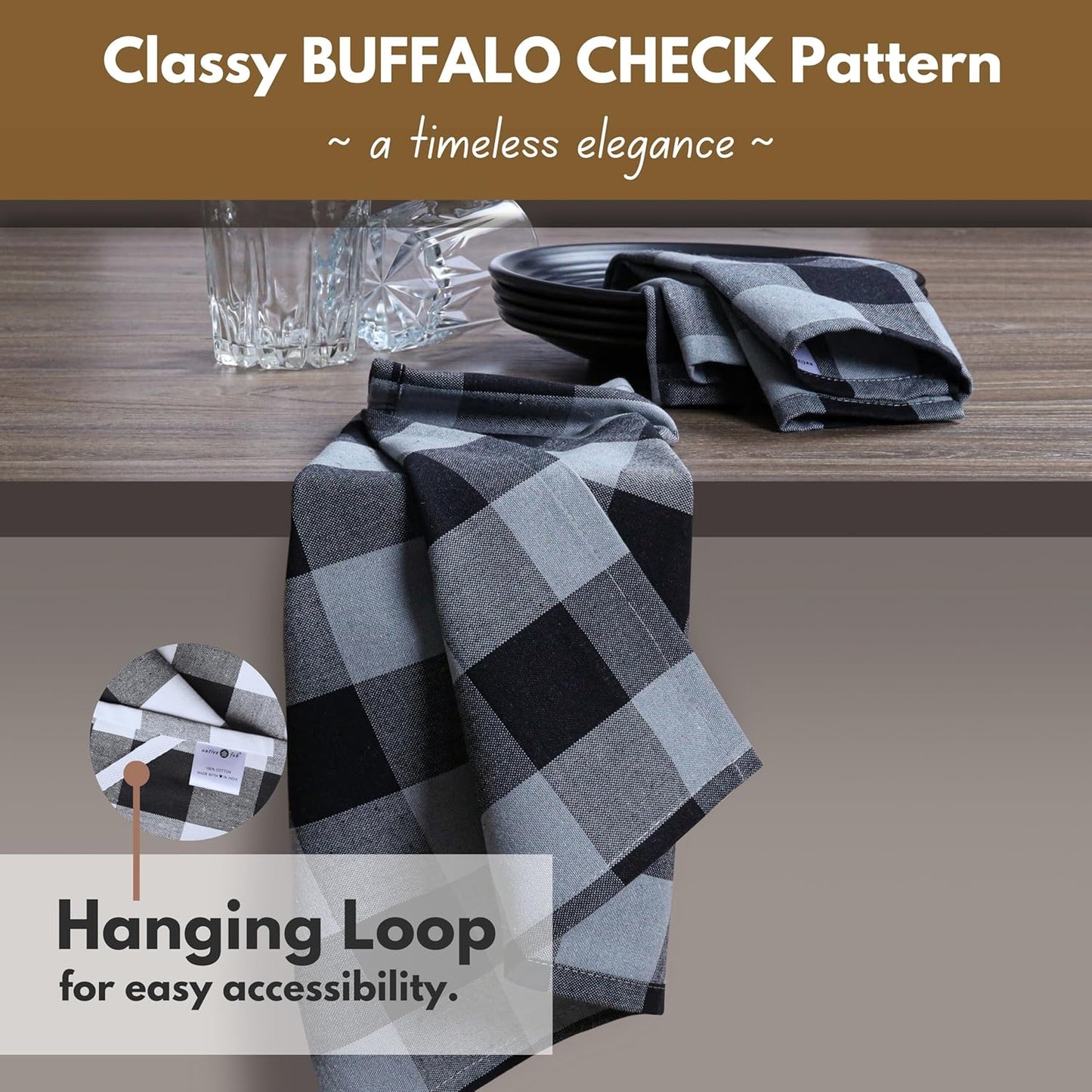 Native Fab Buffalo Check Kitchen Dish Towels, 4 Pack, Cotton, Durable, Washable 16"x26" - Tea Towel, Soft Absorbent Cleaning Towels, Hand Towels with Hanging Loop - Black, Grey