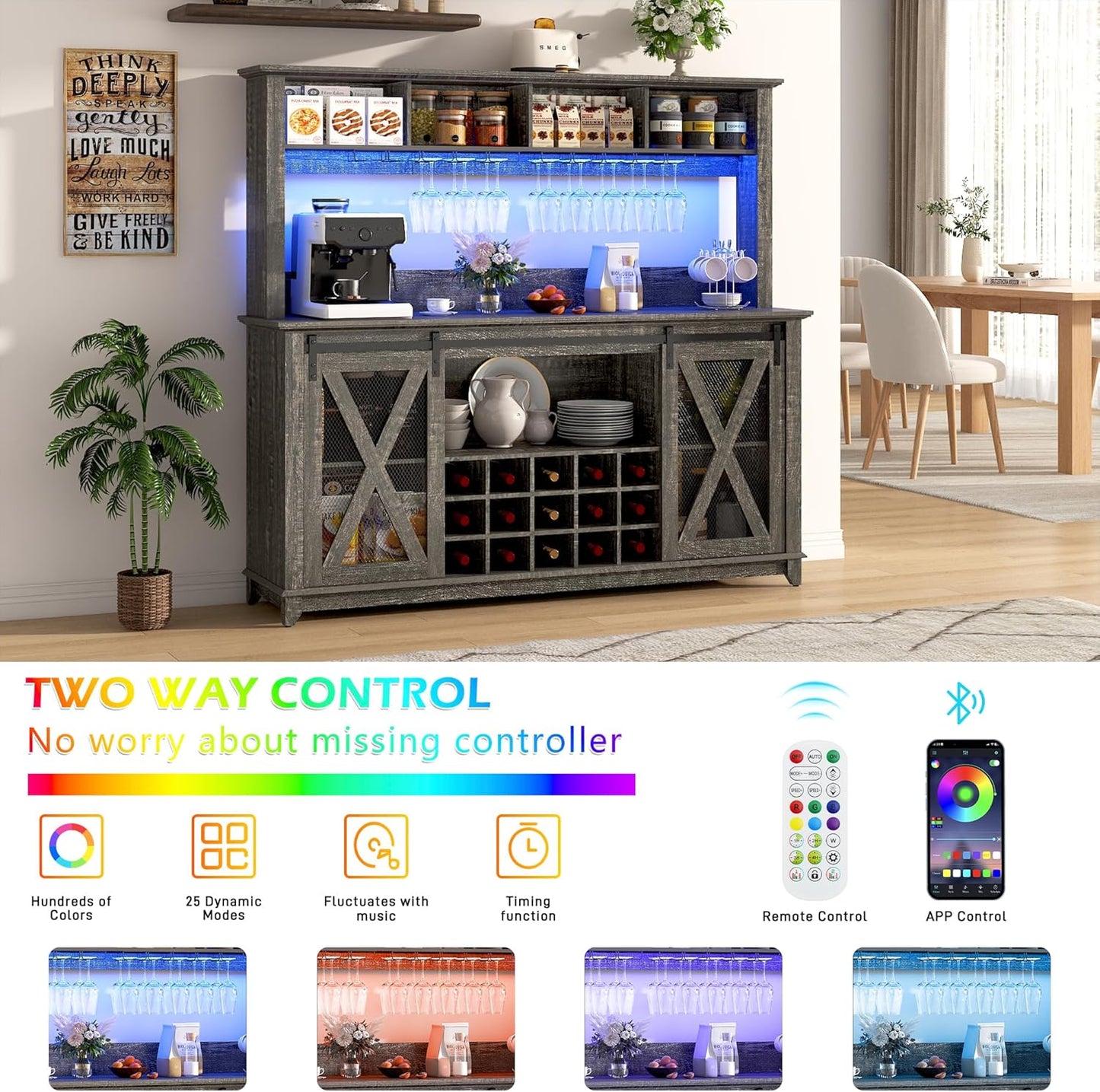 63"W Farmhouse Coffee Bar Cabinet with LED Light,Wine Bar Cabinet w/ 4 Tier Storage Hutch,Kitchen Buffet Cabinet w/Sliding Barn Door & 15 Wine and Glass Racks for Kitchen Dining Room(Dark Rustic Oak)