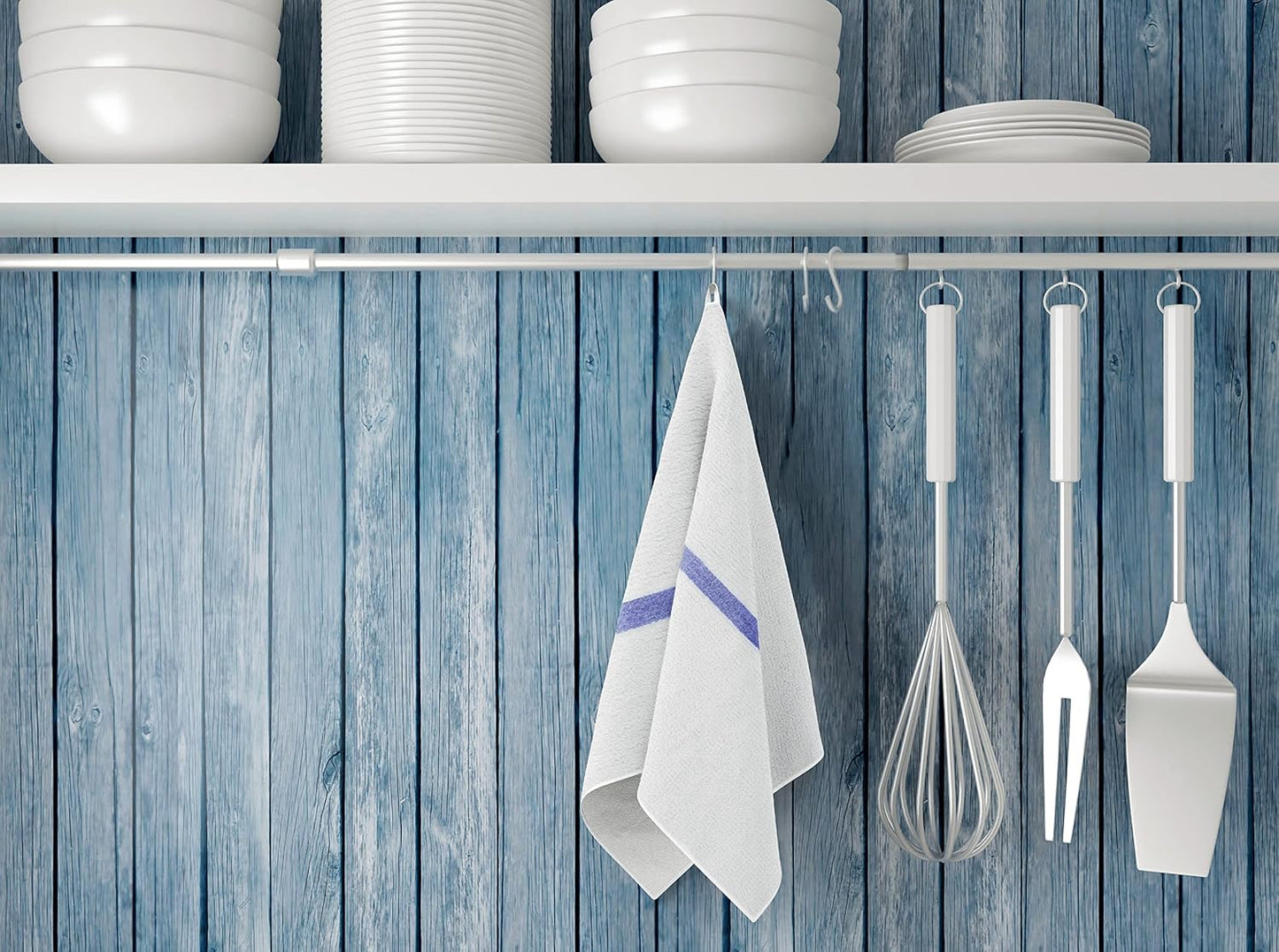 GOLD TEXTILES 60 PC New Cotton Blend White Restaurant Bar Mops Kitchen Towels 28oz (5 Dozen) (60, Blue Stripe)