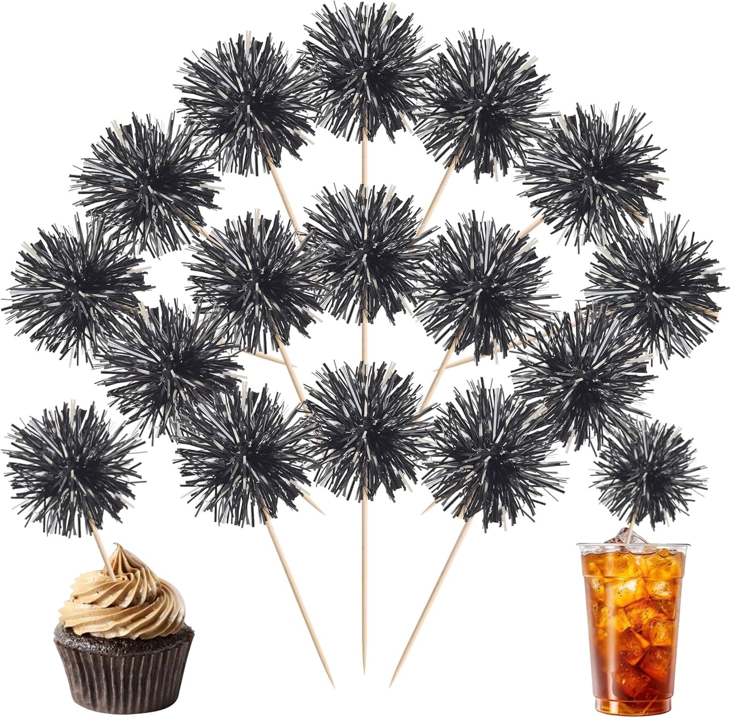 40 PCS Black Foil Firework Cupcake Toppers Sparkle Tinsel Cupcakae Picks Sparkler Fireworks Party Decorations Cocktail Fruit Toothpick for Birthday Wedding Graduation Party Decorations Supplies