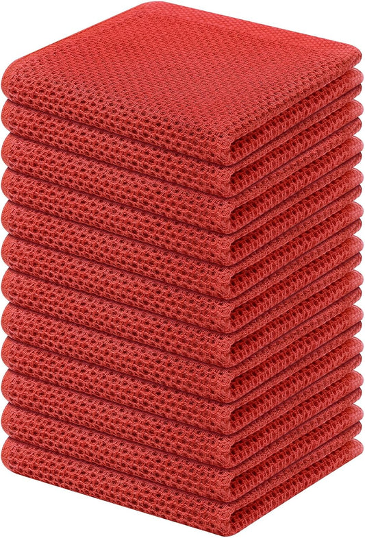 Kitinjoy 100% Cotton Kitchen Dish Cloths, 12 Pack Waffle Weave Ultra Soft Absorbent Dish Towels for Drying Dishes Quick Drying Kitchen Towels Dish Rags, 12 X 12Inch, Brick Red
