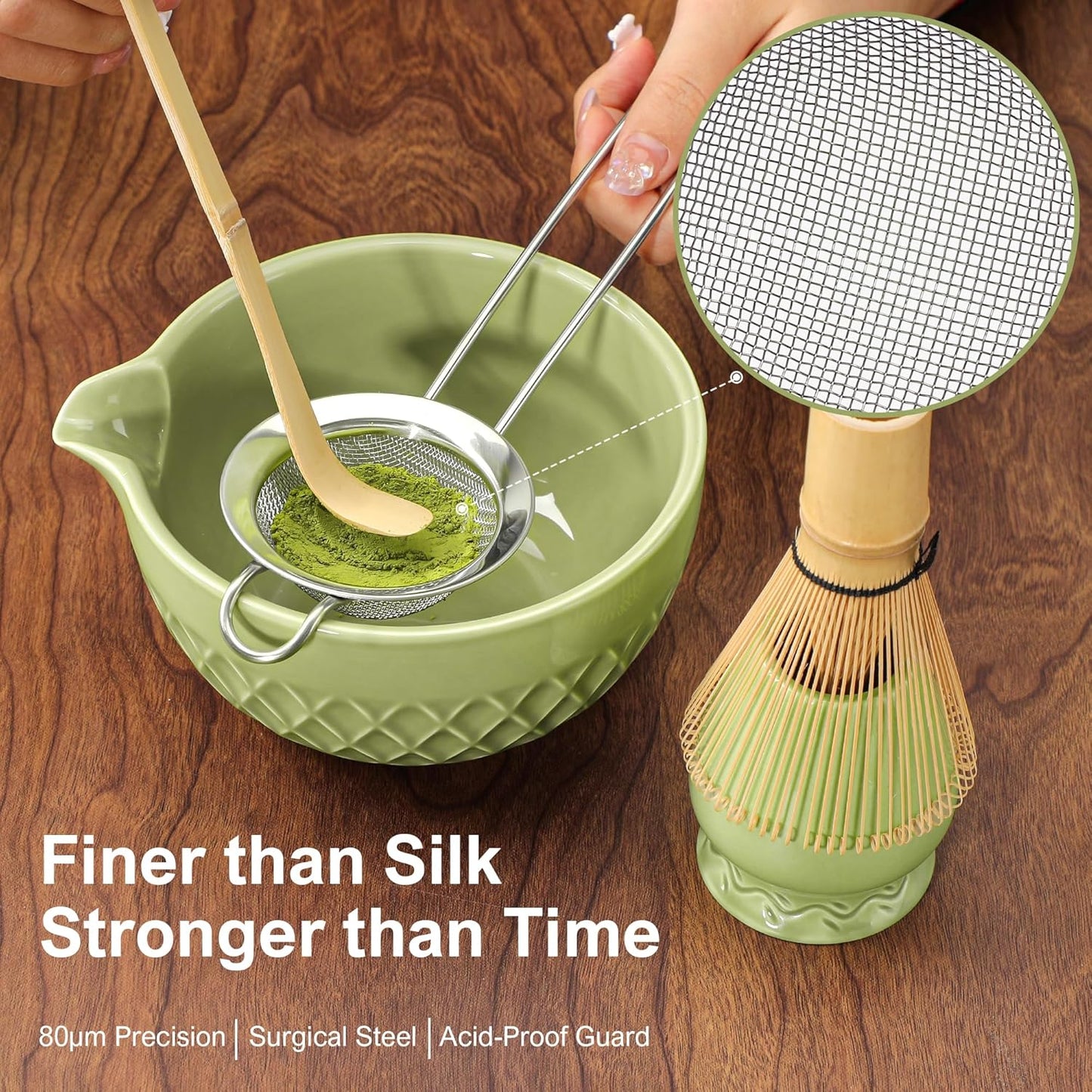 Matcha Whisk Set, 7 Pcs Matcha Kit, Ceramic Matcha Set Includes Matcha Bowl with Spout, Matcha Whisk and Holder, Bamboo Scoop, Scoop Rest, Sifter and Tea Towel (Matcha Green)