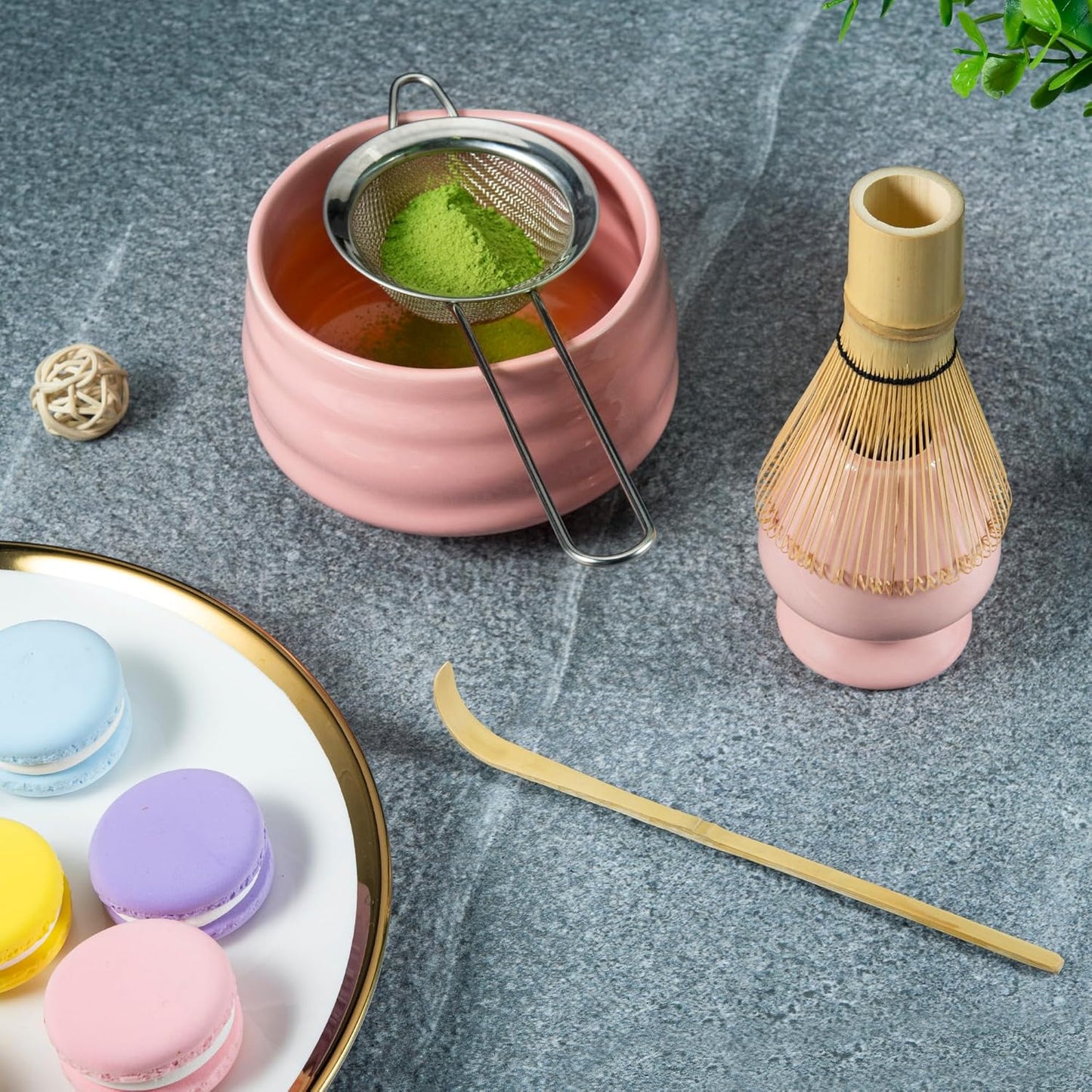 Marce Matcha Whisk Set- Matcha Set includes Matcha Bowl, Sifter, Holder and Scoop- The Perfect Bamboo Whisk for Matcha Tea (Pink)