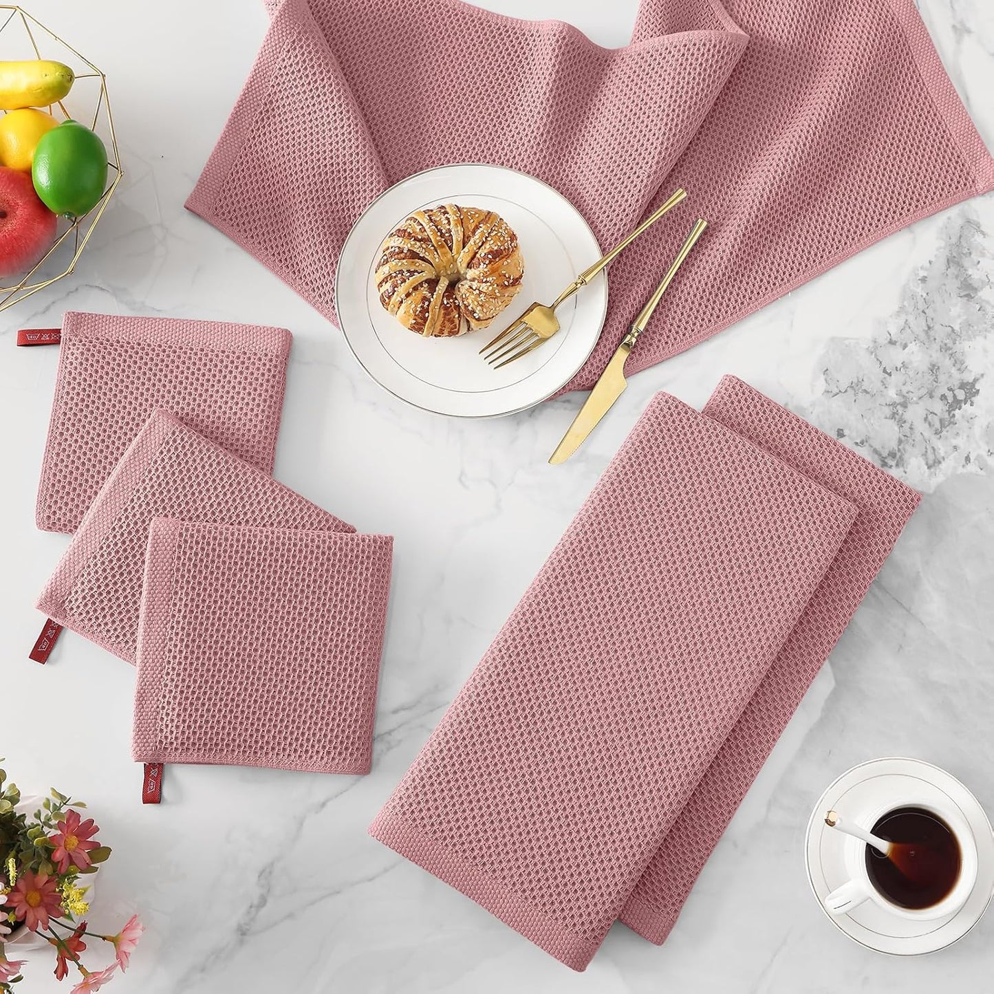 Kitinjoy 100% Cotton Waffle Weave Kitchen Towels (13 X 28 Inches, Dried Roses), 4-Pack Super Soft and Absorbent Dish Towel for Drying Dishes, Kitchen Hand Towels