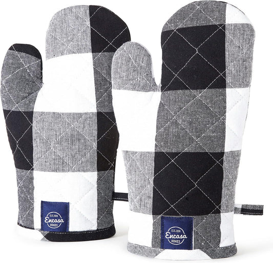 Encasa XO Long 12"x7" Oven Microwave Hand Gloves Mitts (2 pc Set) for Kitchen Cooking & Baking - Heat Resistant, Thick & Safe, Protection of Hands from Hot Utensils - Buffalo Black Checks