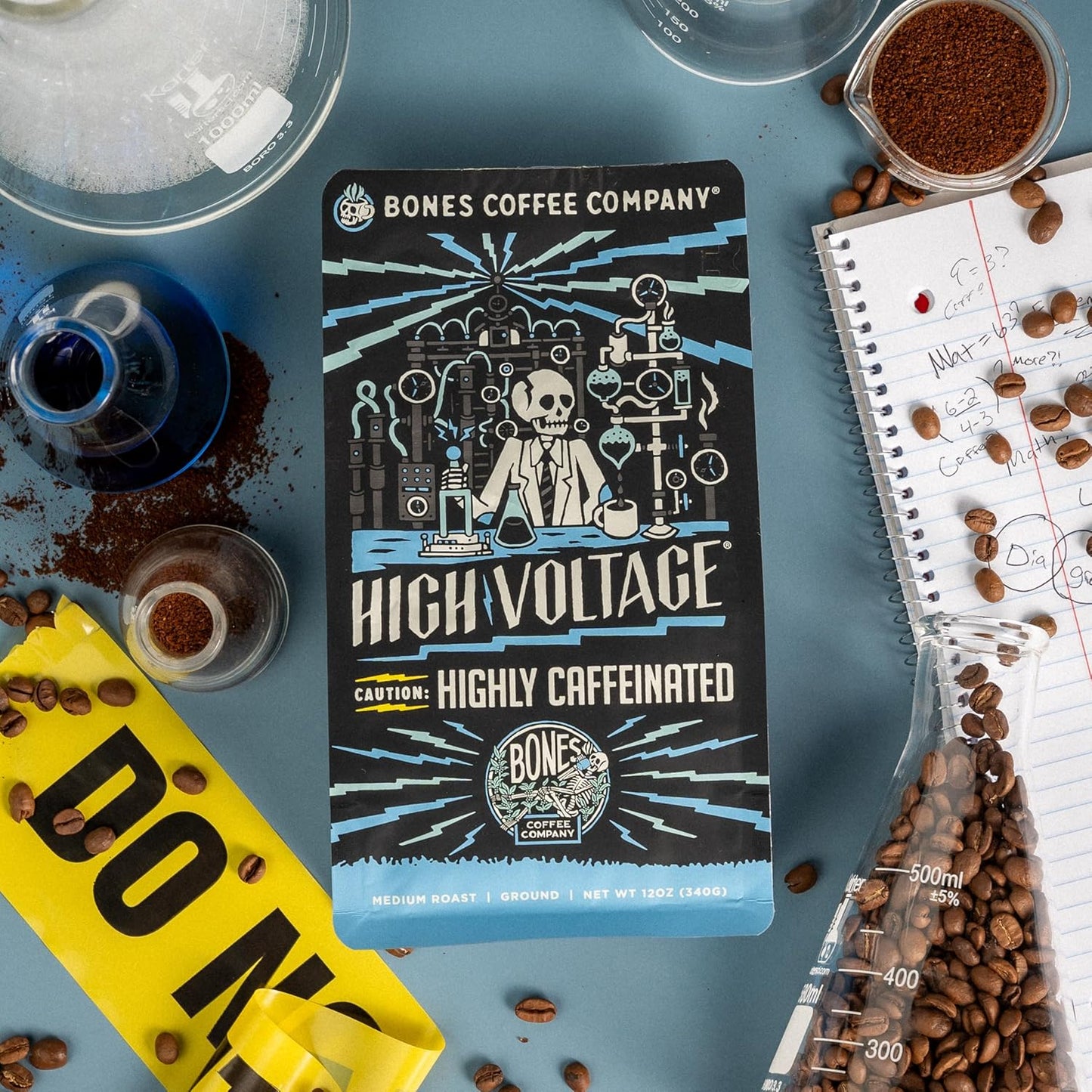 Bones Coffee Company High Voltage, Highly Caffeinated Unflavored Coffee, Medium Roast Low Acid Arabica Beans Compatible with Auto drip and French Press Coffee Maker, 12 Oz Ground