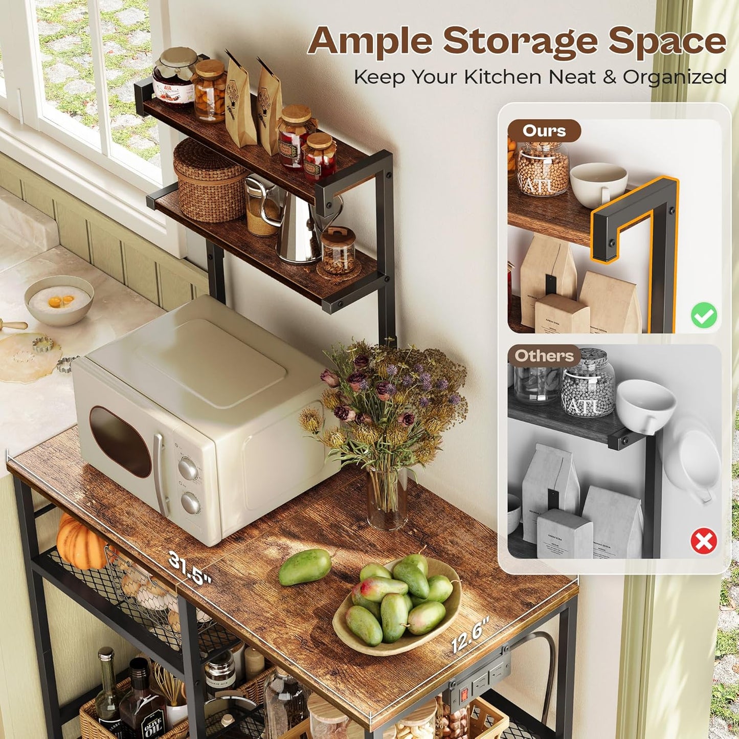 Huuger 31.5 Inch Bakers Rack with Power Outlets, Kitchen Microwave Stand with Storage, Coffee Bar with 4 Hooks, 3-Level Height Open Shelves, Rustic Brown