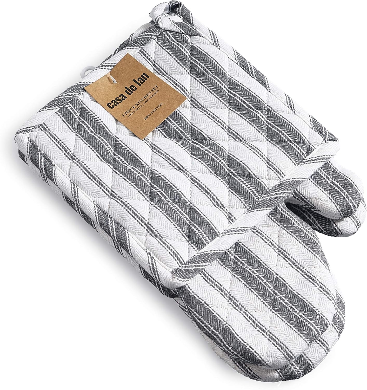 1 Oven Mitt, 1 PotHolder & 1 Kitchen Apron Set - Durable Heat Resistant Gloves - Thick Mittens for Kitchen - Suitable for Cooking, Baking, Grilling – Men & Women – Dark Grey Stripes - Casa De Lan