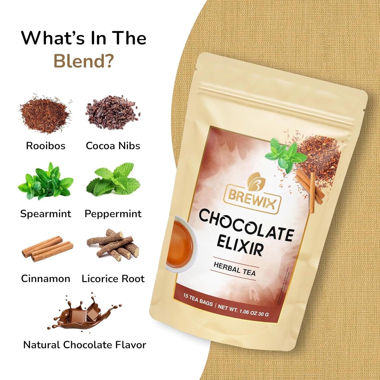 BREWIX, Chocolate Rooibos Herbal Tea Bags, (15 Pyramid Tea Bags) | Red Tea with Cocoa | Rooibos, Cinnamon, Spearmint, Peppermint Tea | Naturally Caffeine-Free