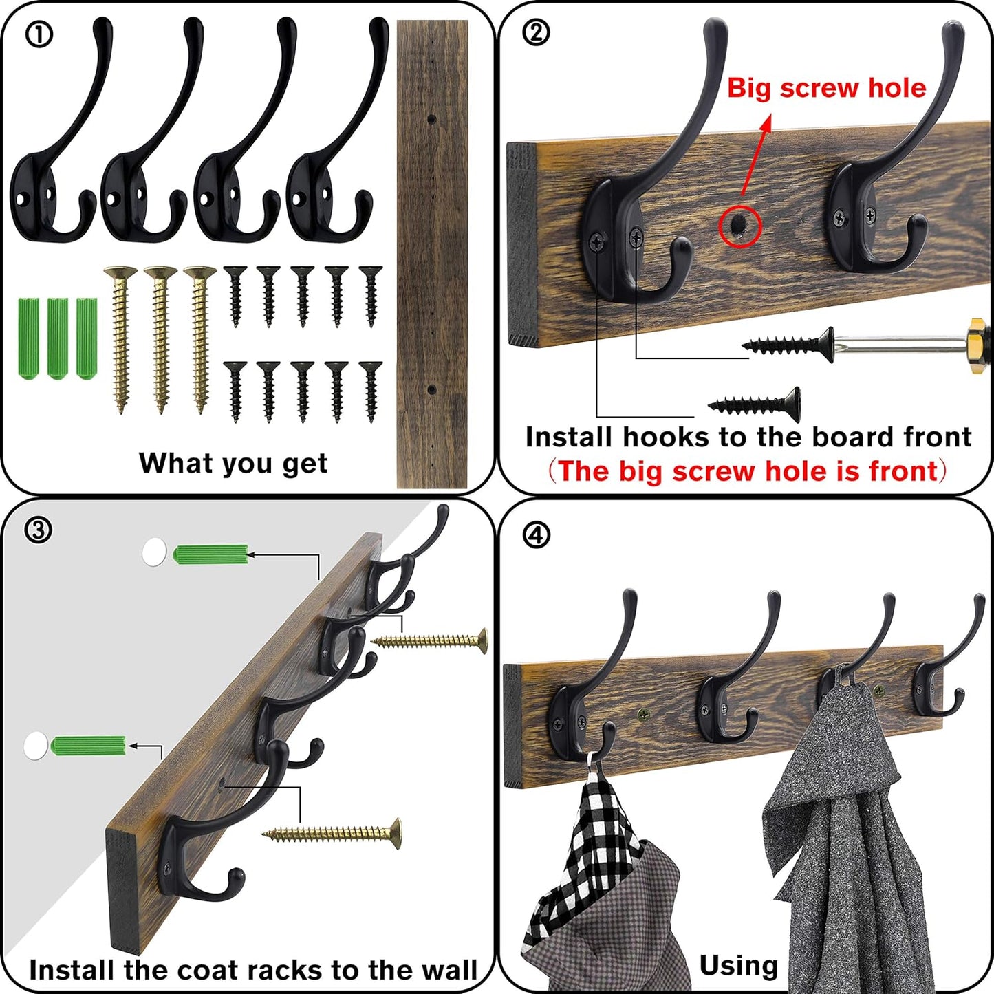 IBosins Wall Mounted Coat Rack, 2 Pack Metal Wood Coat Rack with 8 Black Rustic Hooks for Scarf, Bag, Towel, Key, Cap, Cup, Hat
