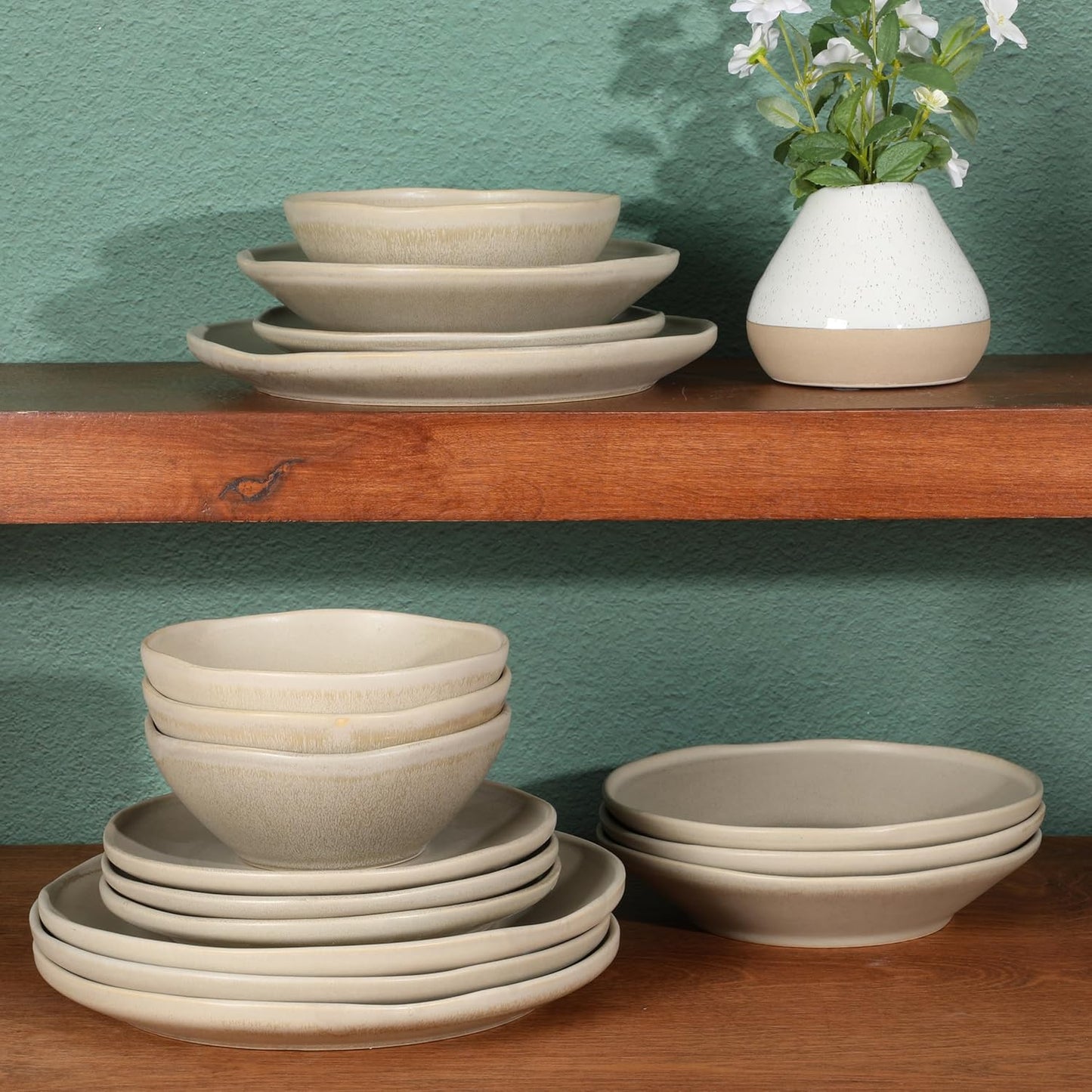 Gibson Elite Island Cove 16 Piece (Service for 4) Plates and Bowls Reactive Glaze Organic Round Dishes Stoneware Ceramic Dinnerware Set -Light Grey