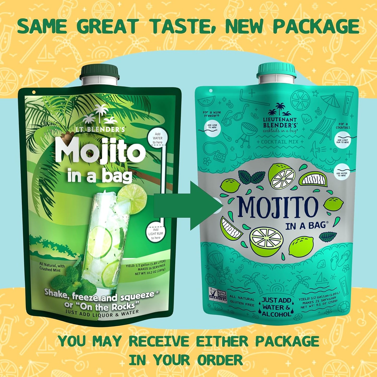 Lt. Blender's Mojito in a Bag - Each Bag Makes 1/2 Gallon of Frozen Cocktails – Non-GMO Cocktail Mix for Slushies – Make a Cocktail, Wine Slushie or Mocktail - (Pack of 3)