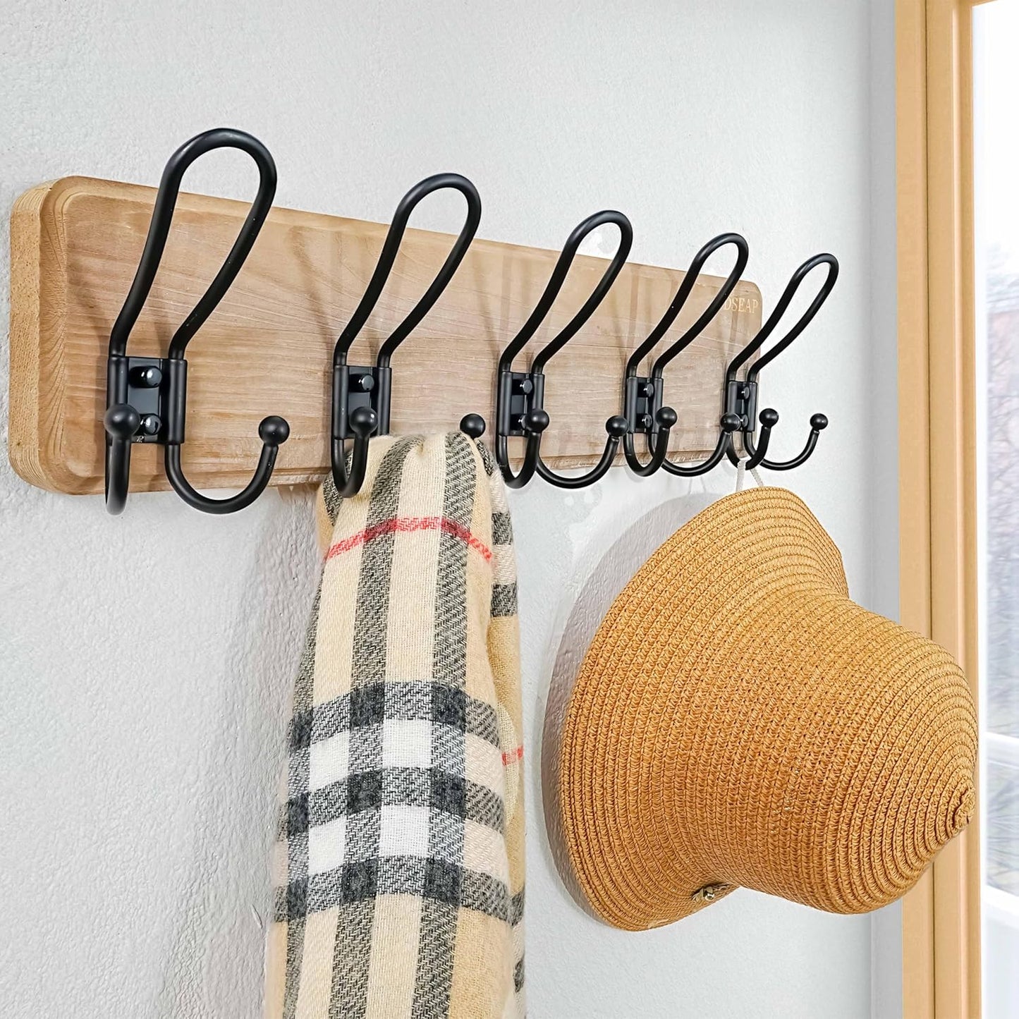 Dseap Coat Rack Wall Mounted - Heavy Duty Farmhouse Rustic Wall Coat Hanger with 5 Wire Hooks for Clothes Hat Jacket Towel, RusticWire, J1-5A, Weathered Brown & Black