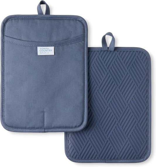 TOWN & COUNTRY BASICS Basketweave Soft Silicone Pot Holder 2-Pack Set, Heat Resistant up to 500F, Flexible Silicone, Non-Slip Grip, Blue, 7.5"x10"