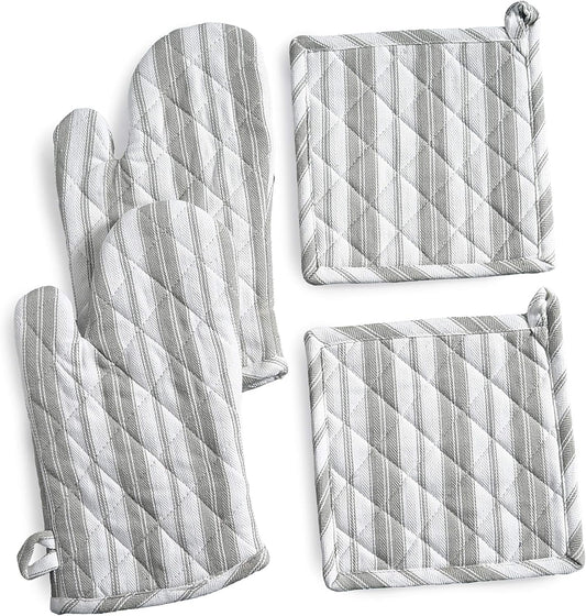 Oven Mitts & Potholder Set - Durable Heat Resistant Gloves - Thick Mittens for Kitchen - Suitable for Cooking, Baking, Grilling – BBQ - 2 Oven Mitts & 2 Potholders – Light Grey Stripes - Casa De Lan