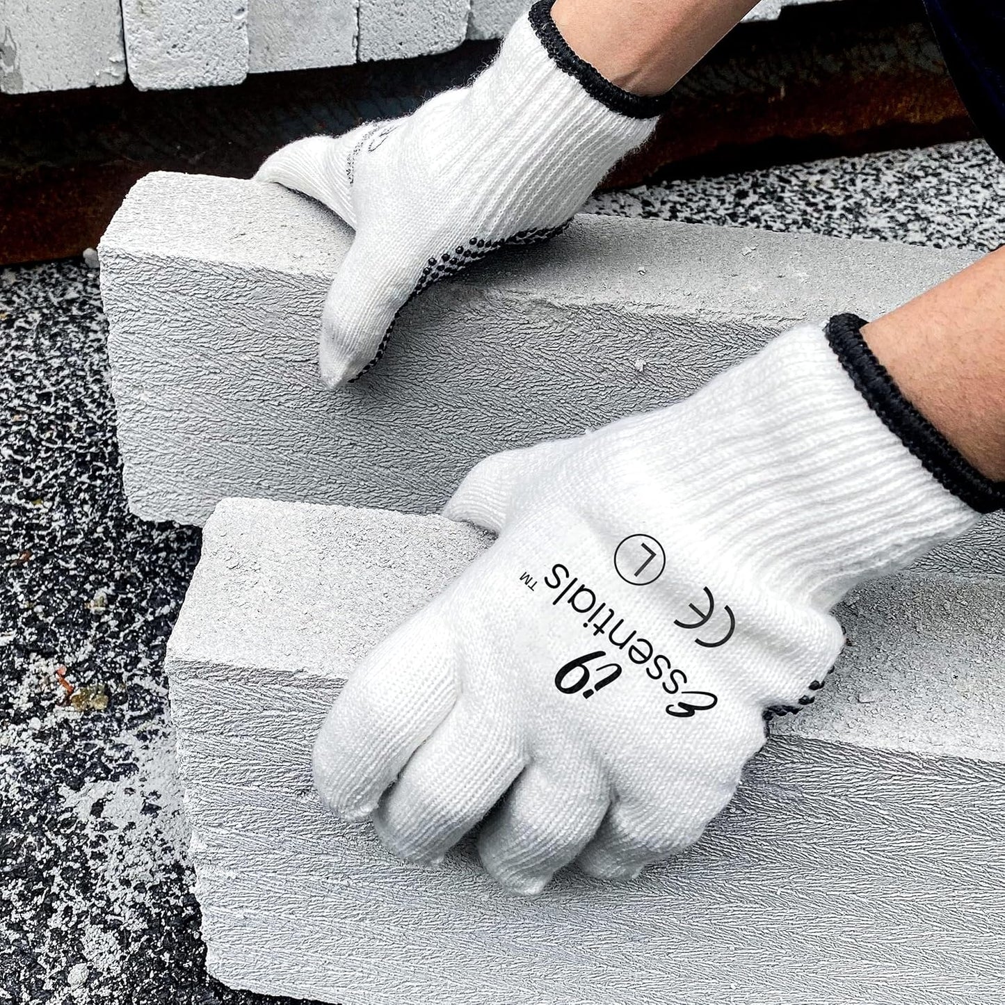 I9 Essentials Work Gloves – 12 Pairs Large Cotton Gloves with Anti-Slip PVC Dots – Durable, Lightweight Safety Gloves for Gardening, Construction, Carpentry & Warehouse Use