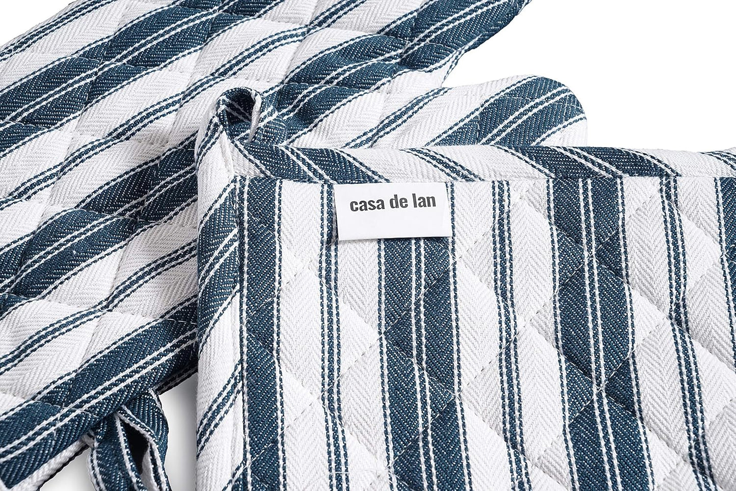 Oven Mitt & Potholder Set - Durable Heat Resistant Gloves - Thick Mittens for Kitchen - Suitable for Cooking, Baking, Grilling – BBQ - 1 Oven Mitts & 1 Potholders – Navy Blue Stripes - Casa De Lan