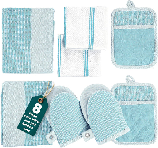 Casa Platino Oven Mitts and Pot Holders Sets, 8-Piece – 500°F Heat Resistant Mini Oven Mitts with Silicone Grip, Potholders for Kitchens, 2 Kitchen Towels & 2 Dish Cloths – Non-Slip & Durable – Aqua