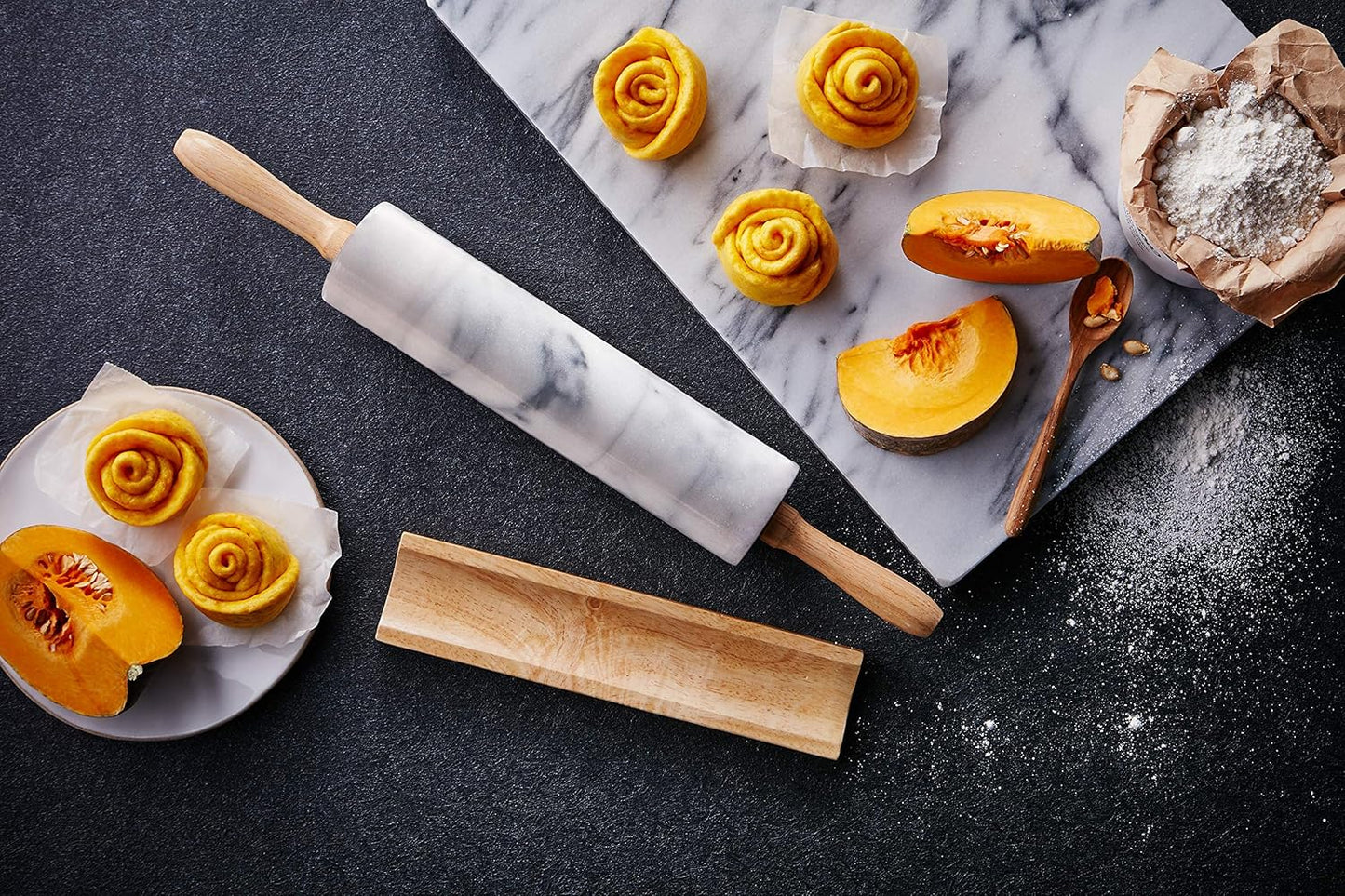 JEmarble Pastry Board 16x20 inch Set with Rolling Pin/Wooden Handles 18 inch(White) Non-Slip Rubber Feets for Stability Perfect for Keep the Dough Cool and Chocolate Tempering(Premium Quality)