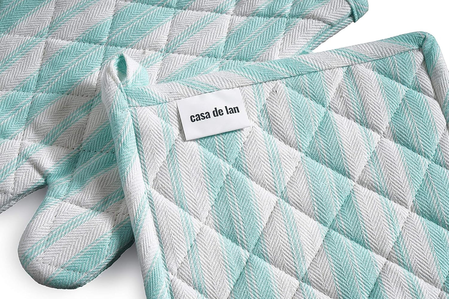 Oven Mitts & Potholder Set - Durable Heat Resistant Gloves - Thick Mittens for Kitchen - Suitable for Cooking, Baking, Grilling – BBQ - 2 Oven Mitts & 2 Potholders – Light Blue Stripes - Casa De Lan